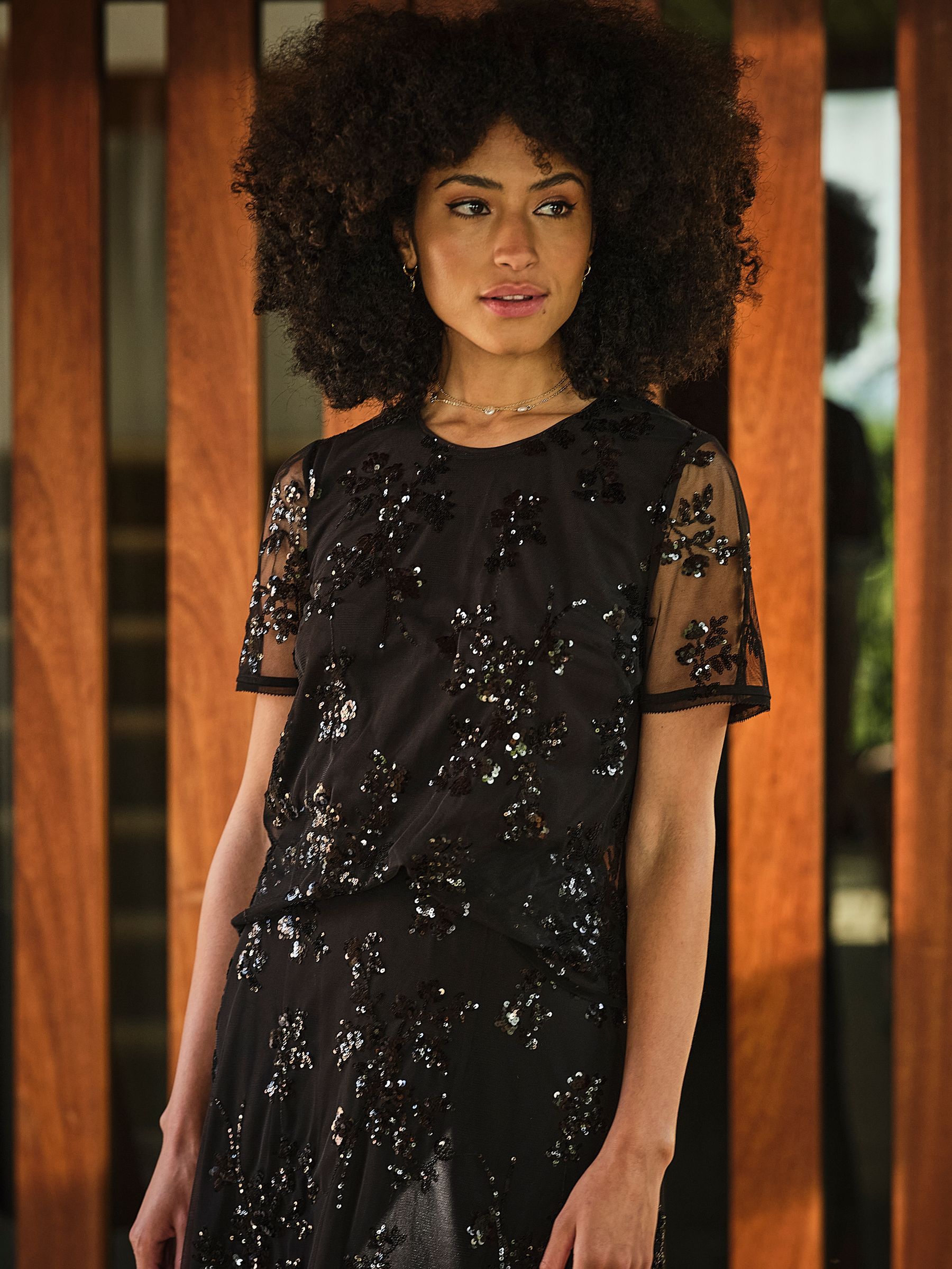 Black Cora Sequin Short Sleeve Top - Image 1 of 6