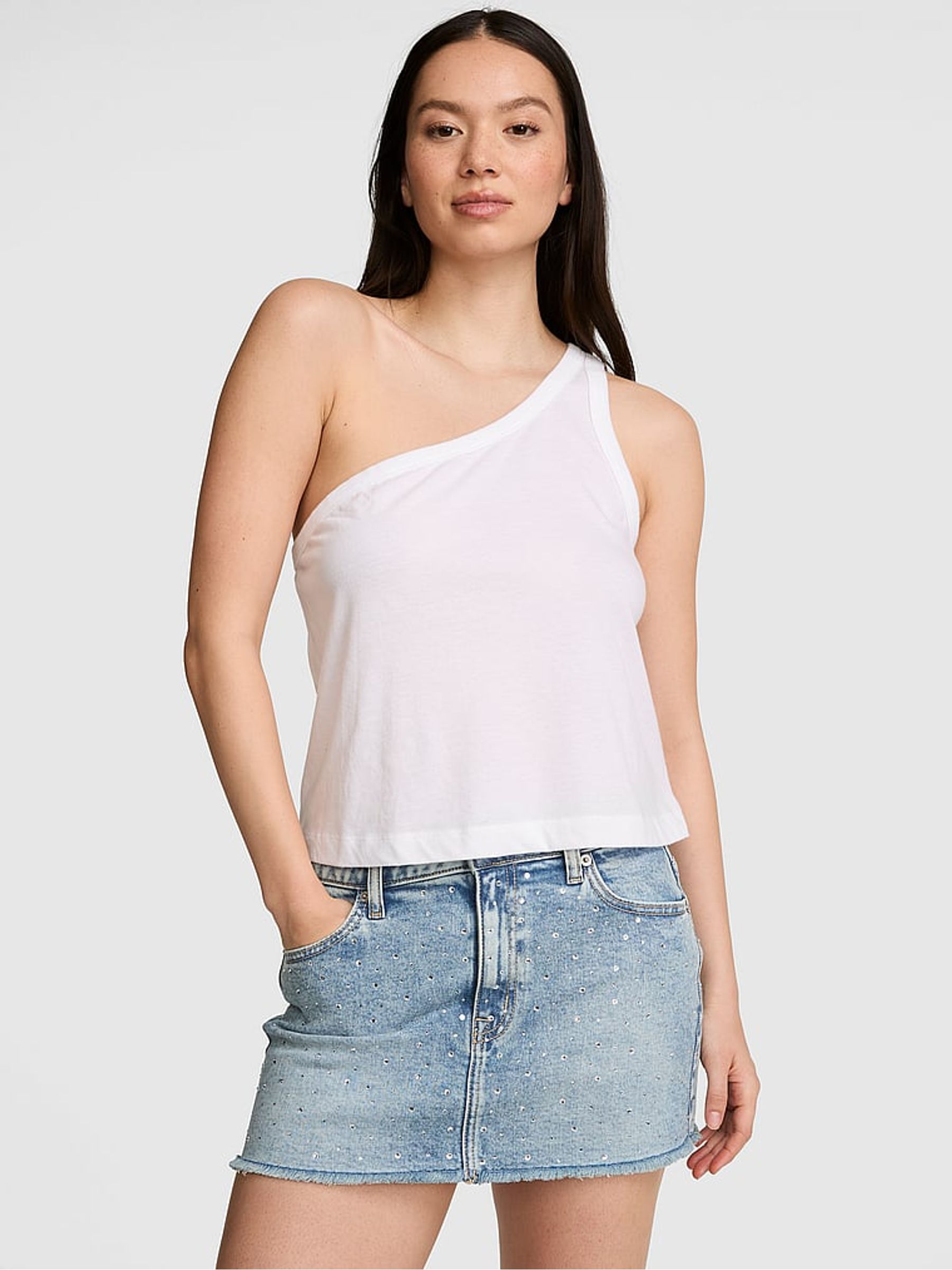 White Jersey One Shoulder Top - Image 1 of 2