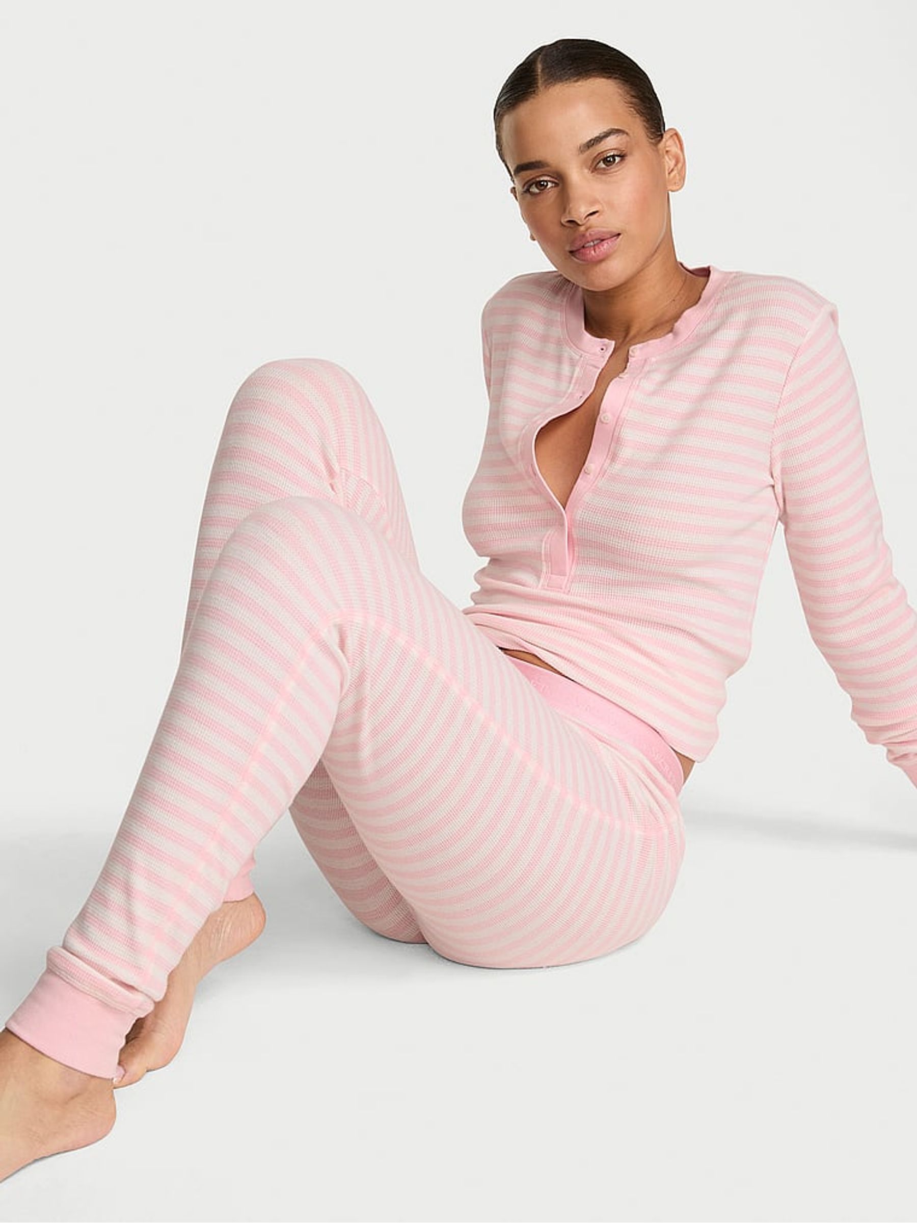 Pretty Blossom Pink Iconic Stripe Thermal Henley Long Pyjama Set - Image 1 of 2
