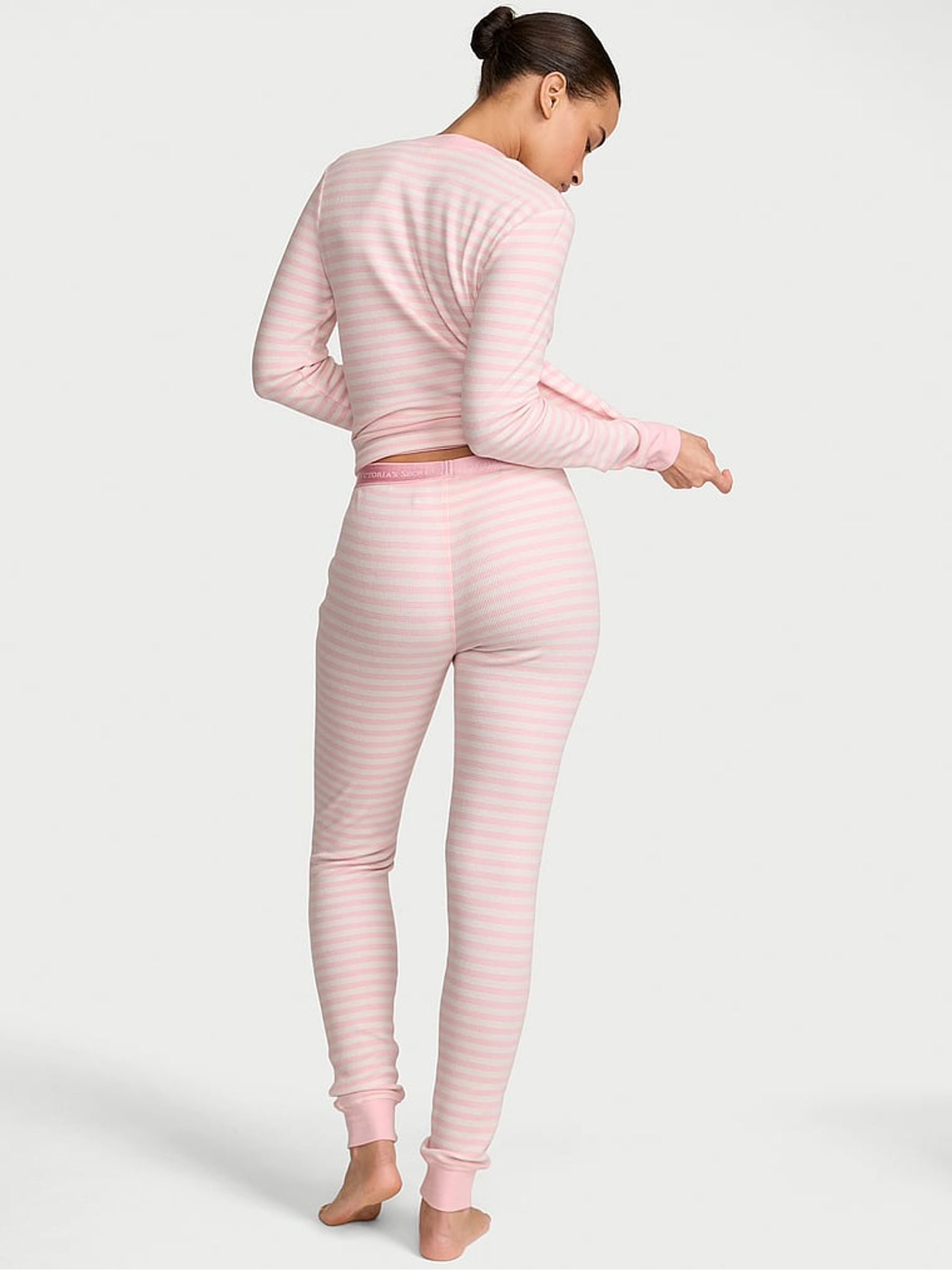 Pretty Blossom Pink Iconic Stripe Thermal Henley Long Pyjama Set - Image 2 of 2