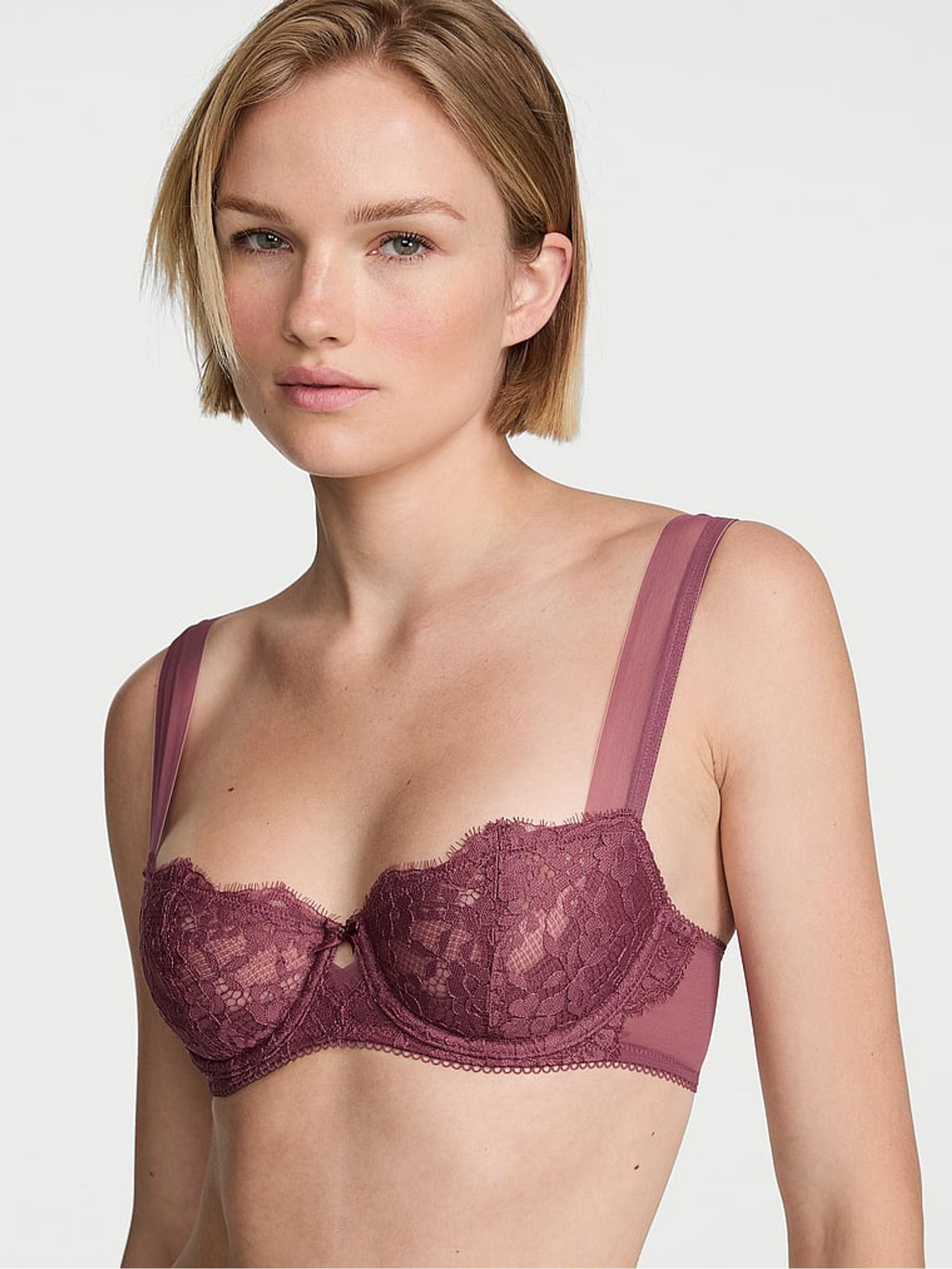 Morning Rose Pink Unlined Balcony Lace Mesh Trim Bra - Image 1 of 2 Morning Rose Pink Unlined Balcony Lace Mesh Trim Bra - Image 1 of 2