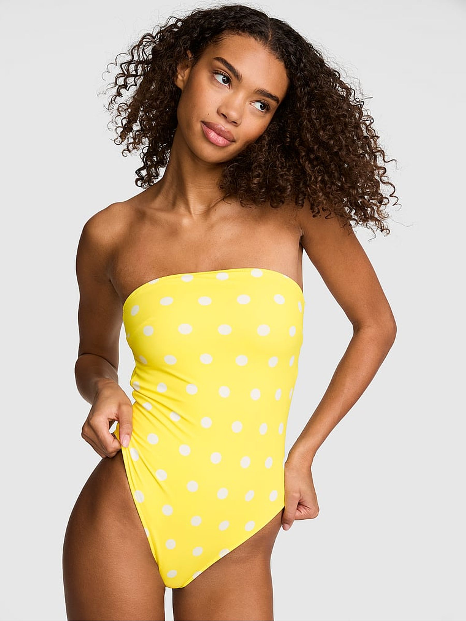 Yellow Polka Dot Print Strapless Swimsuit - Image 1 of 2