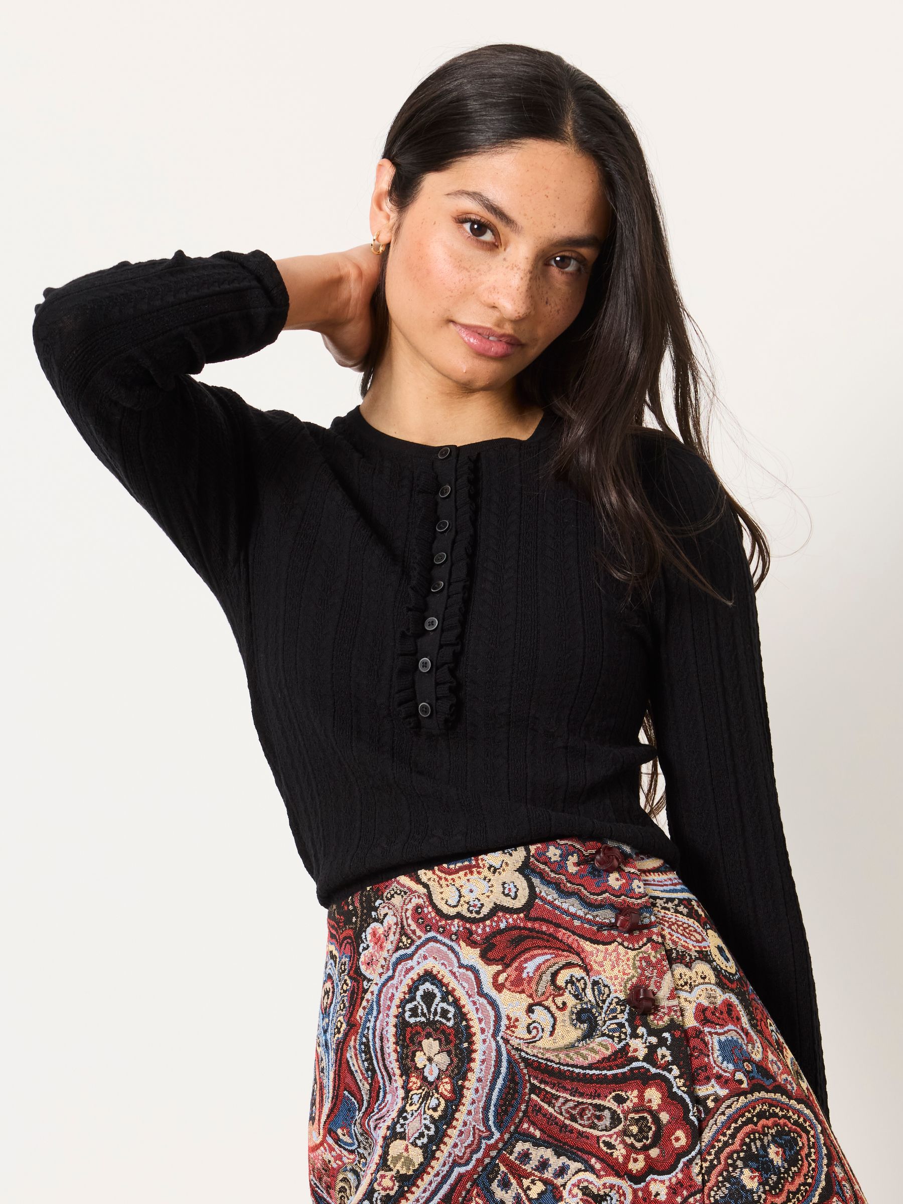 Mae Black Knitted Frill Front Henley - Image 1 of 6
