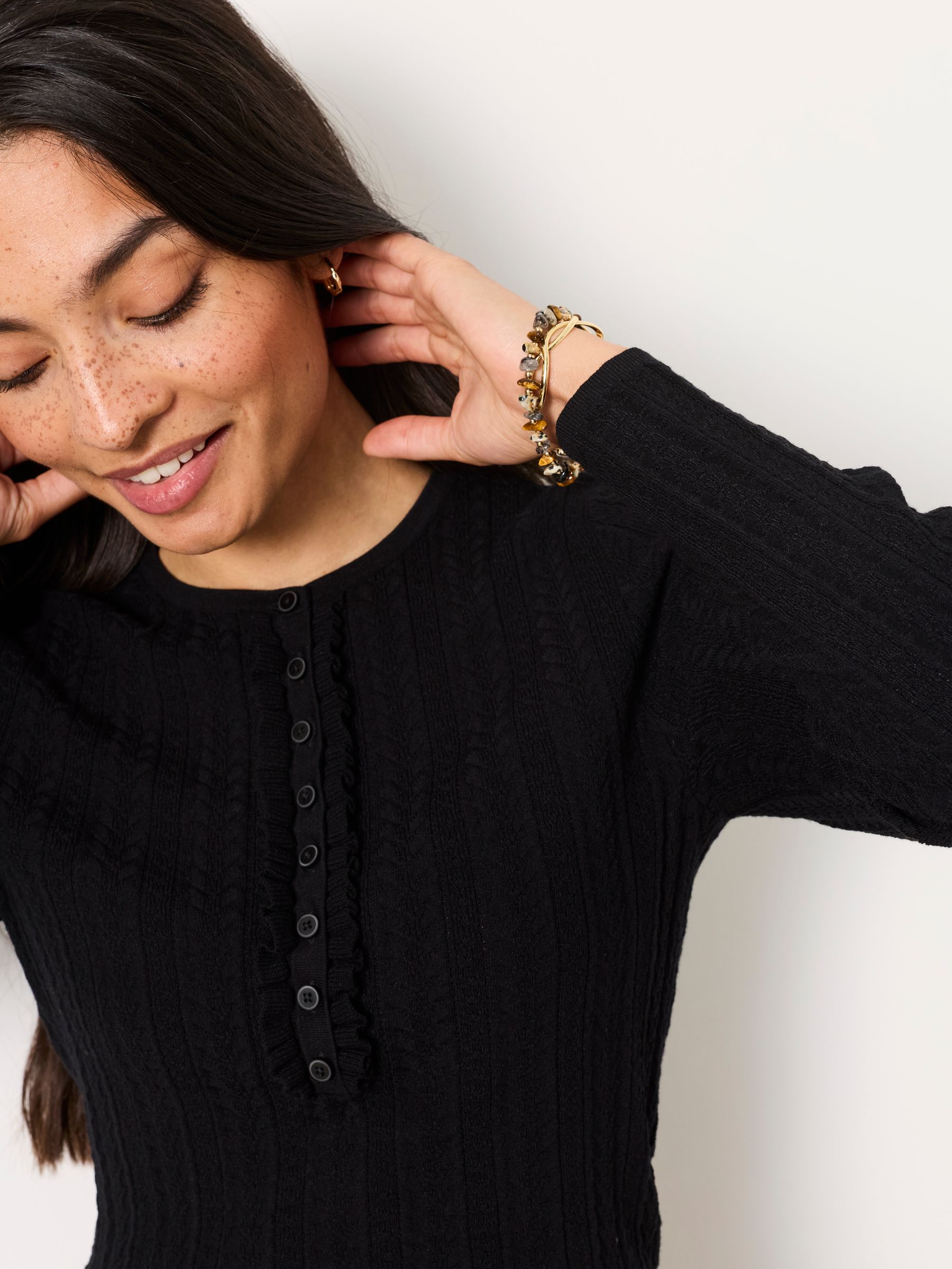 Mae Black Knitted Frill Front Henley - Image 3 of 6
