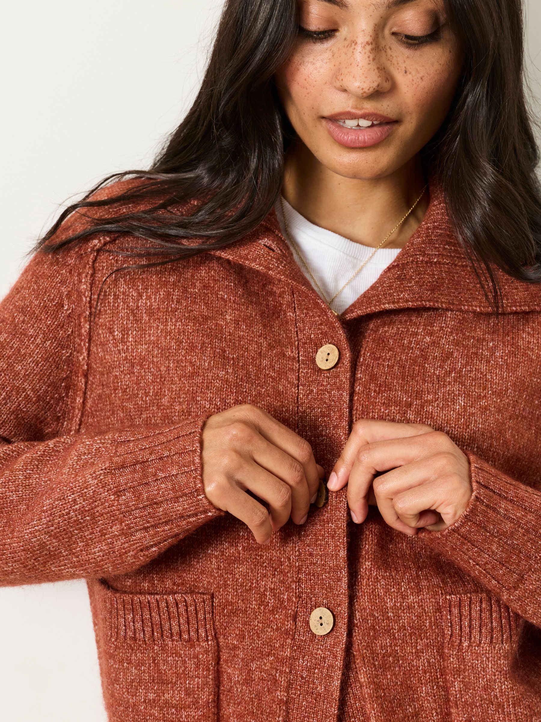 Freya Rust Brown Funnel Neck Knitted Cardigan - Image 3 of 6