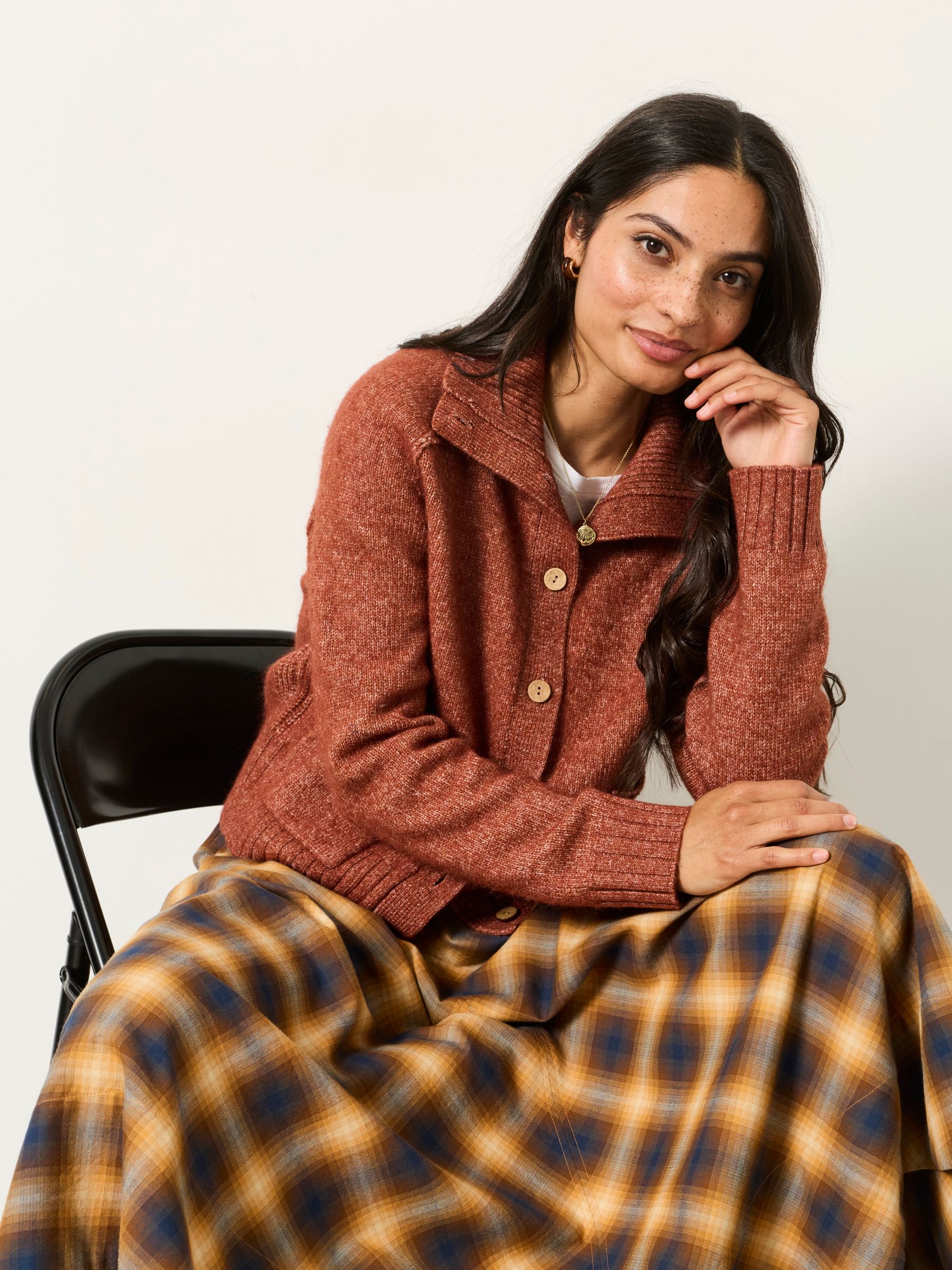 Freya Rust Brown Funnel Neck Knitted Cardigan - Image 5 of 6