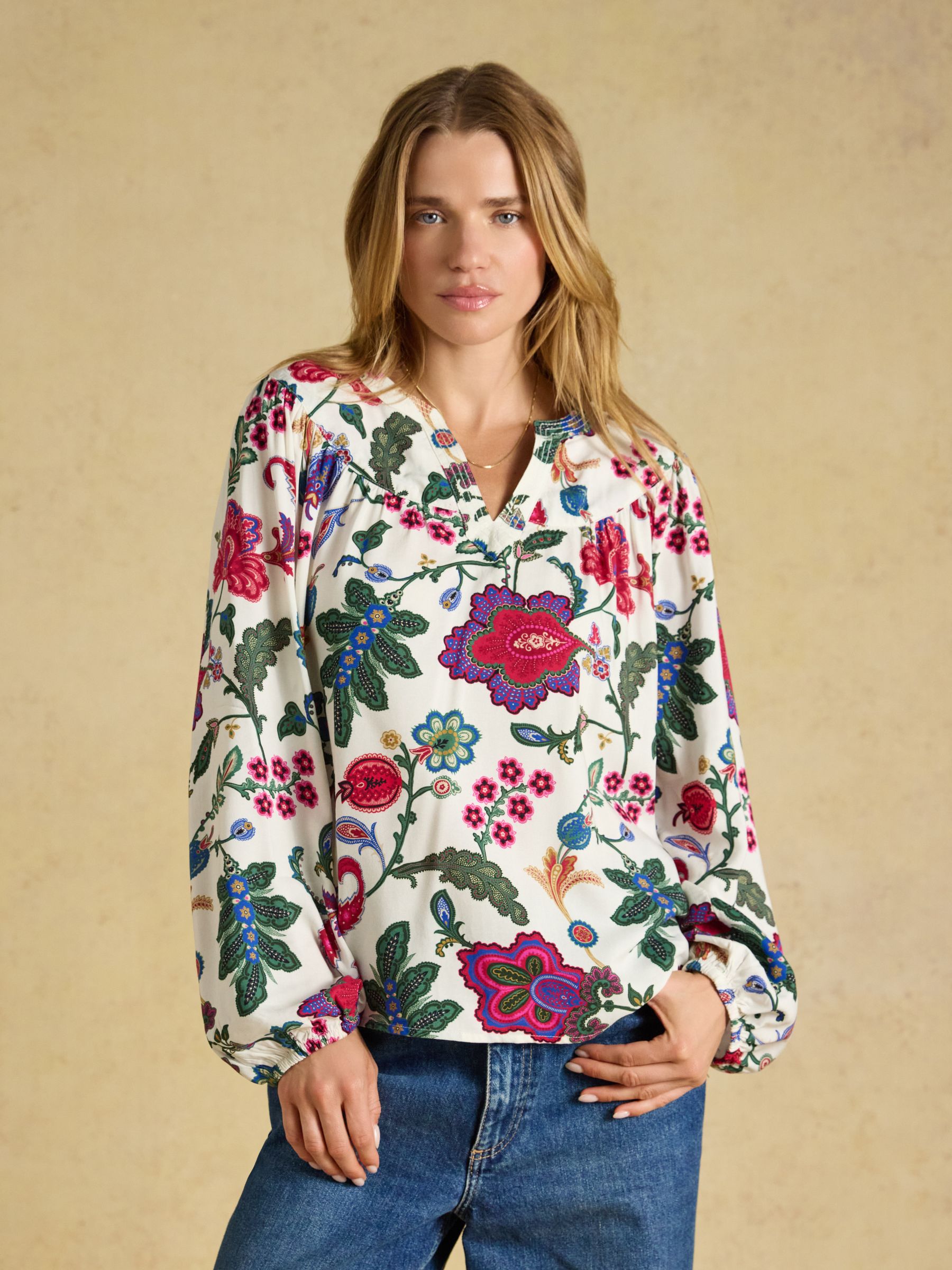 Elodie White Floral Popover Blouse - Image 1 of 6 Elodie White Floral Popover Blouse - Image 1 of 6