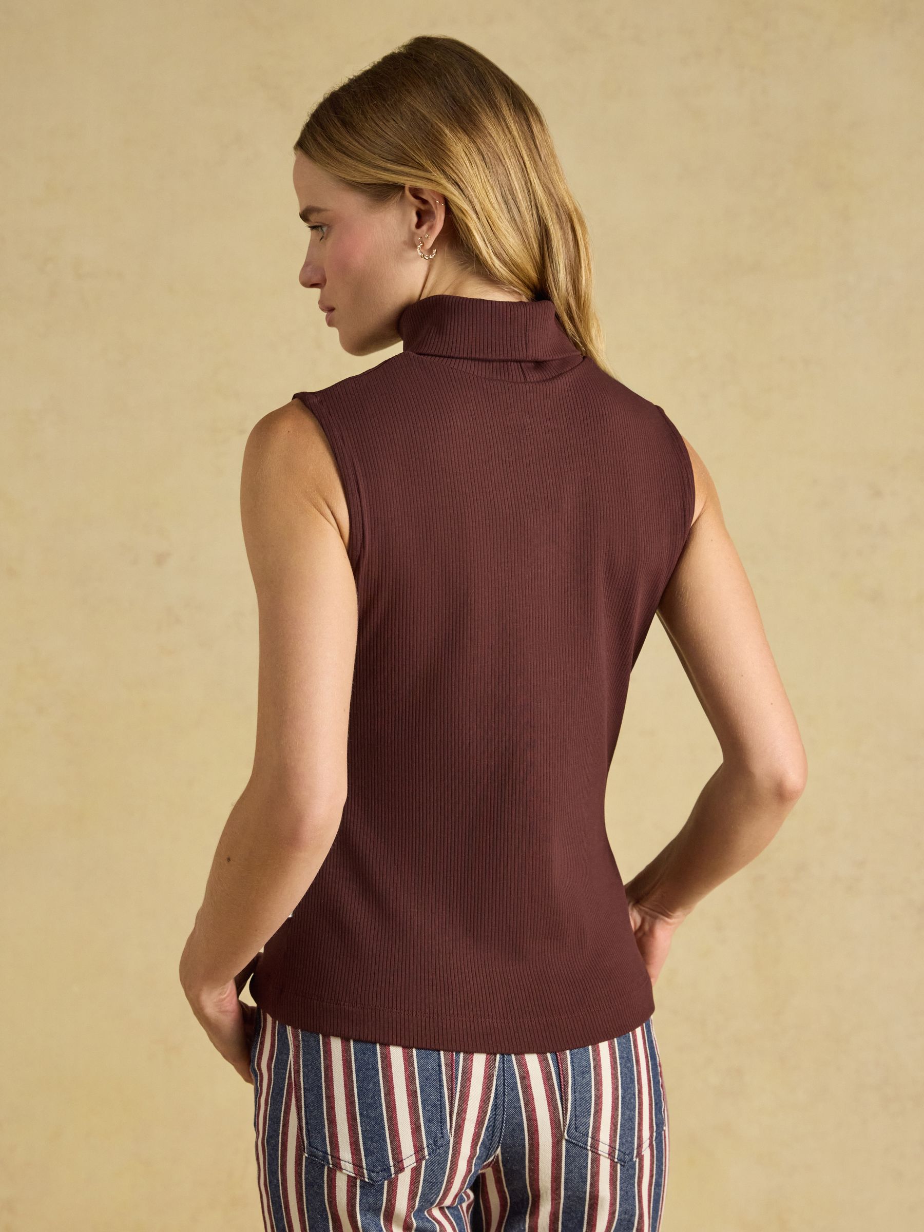 Chocolate Brown Ribbed Cotton Rich Sleeveless Roll Neck - Image 2 of 6 Chocolate Brown Ribbed Cotton Rich Sleeveless Roll Neck - Image 2 of 6