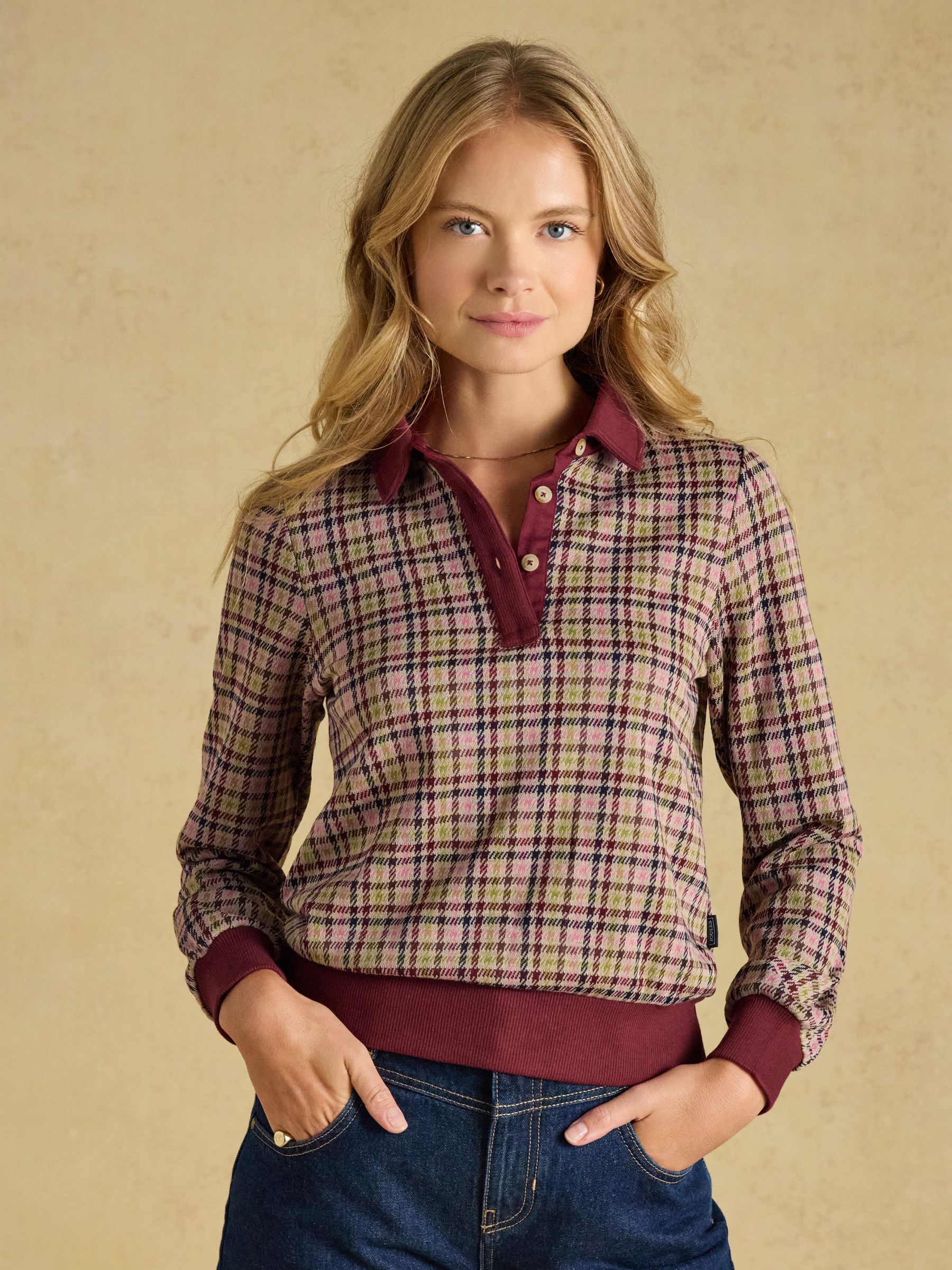 Laurel Burgundy Houndstooth Check Long Sleeve Jersey Top - Image 1 of 8 Laurel Burgundy Houndstooth Check Long Sleeve Jersey Top - Image 1 of 8