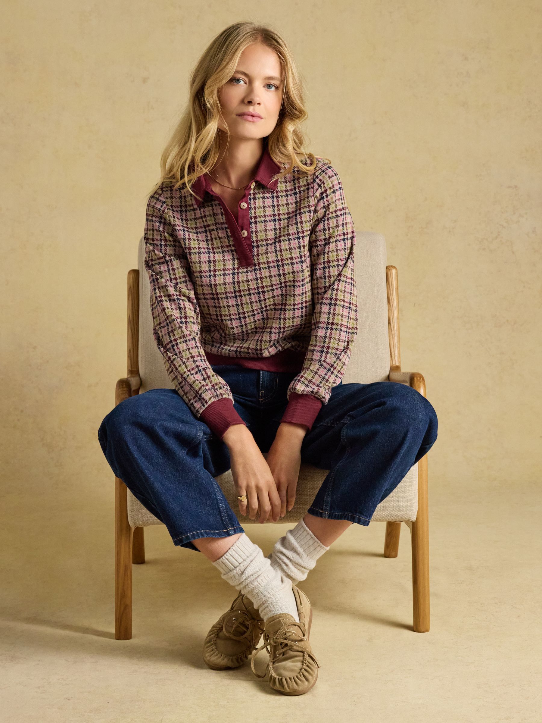Laurel Burgundy Houndstooth Check Long Sleeve Jersey Top - Image 3 of 8