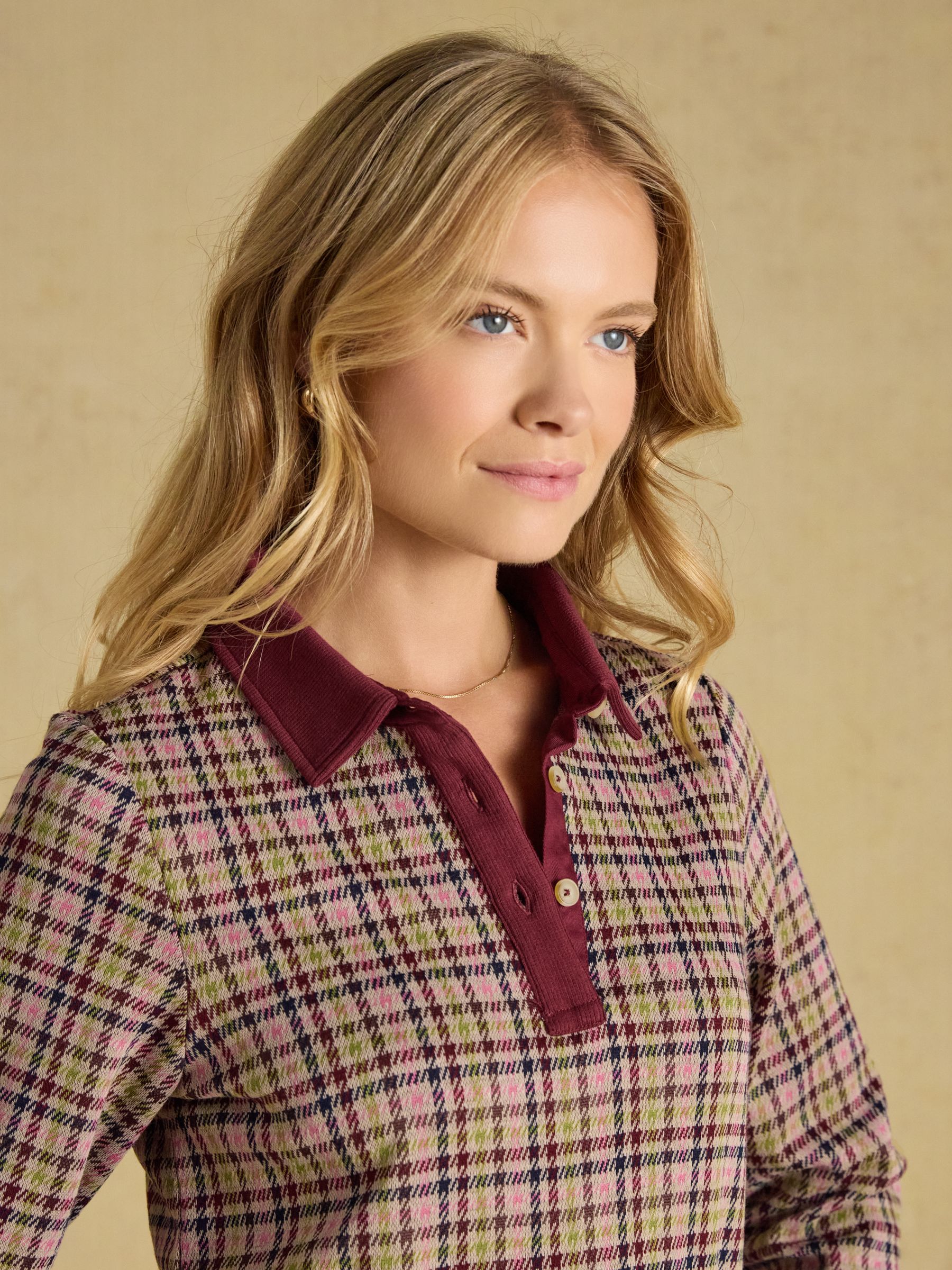 Laurel Burgundy Houndstooth Check Long Sleeve Jersey Top - Image 5 of 8