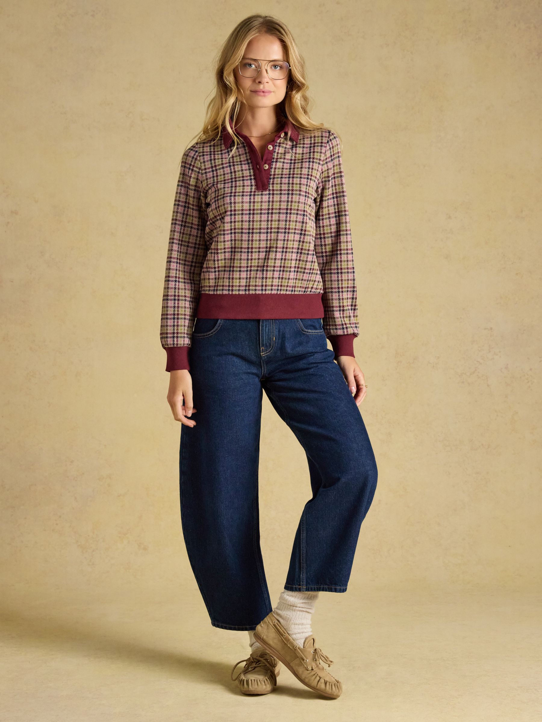 Laurel Burgundy Houndstooth Check Long Sleeve Jersey Top - Image 7 of 8