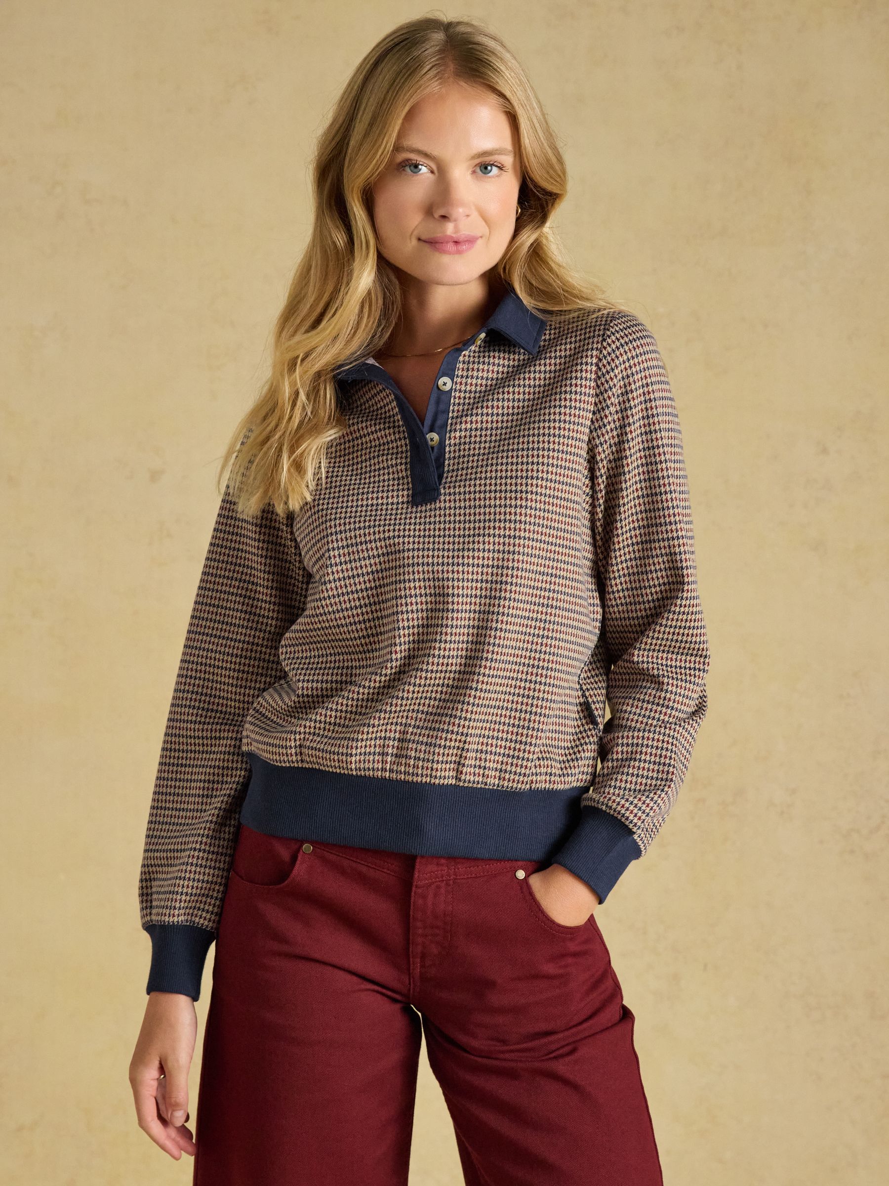 Laurel Navy Red Check Houndstooth Check Long Sleeve Jersey Top - Image 1 of 7 Laurel Navy Red Check Houndstooth Check Long Sleeve Jersey Top - Image 1 of 7