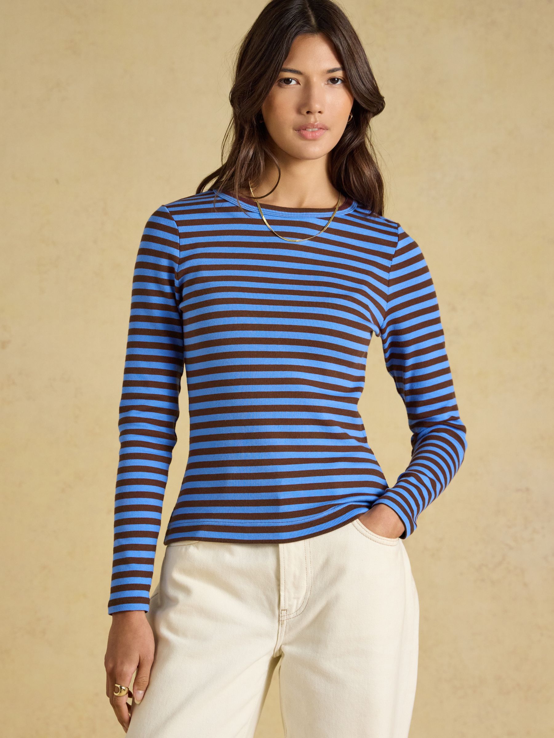 Sophie Blue & Brown Striped Long Sleeve Ribbed Fitted T-Shirt - Image 1 of 8 Sophie Blue & Brown Striped Long Sleeve Ribbed Fitted T-Shirt - Image 1 of 8