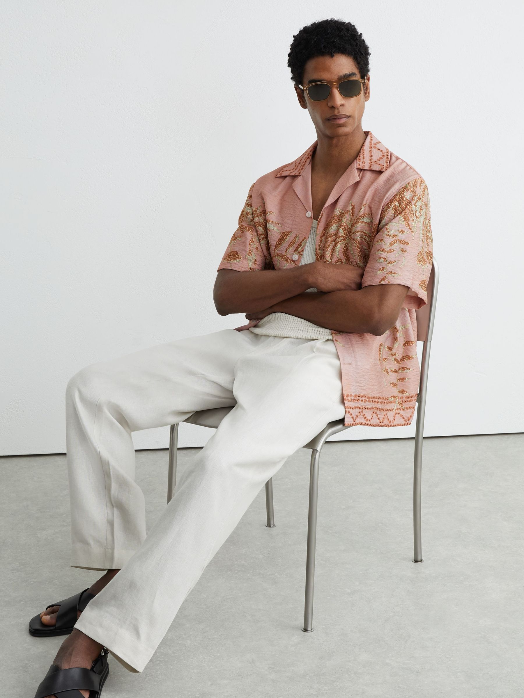 Palm-Print Cuban-Collar Shirt in Pink - Image 1 of 7