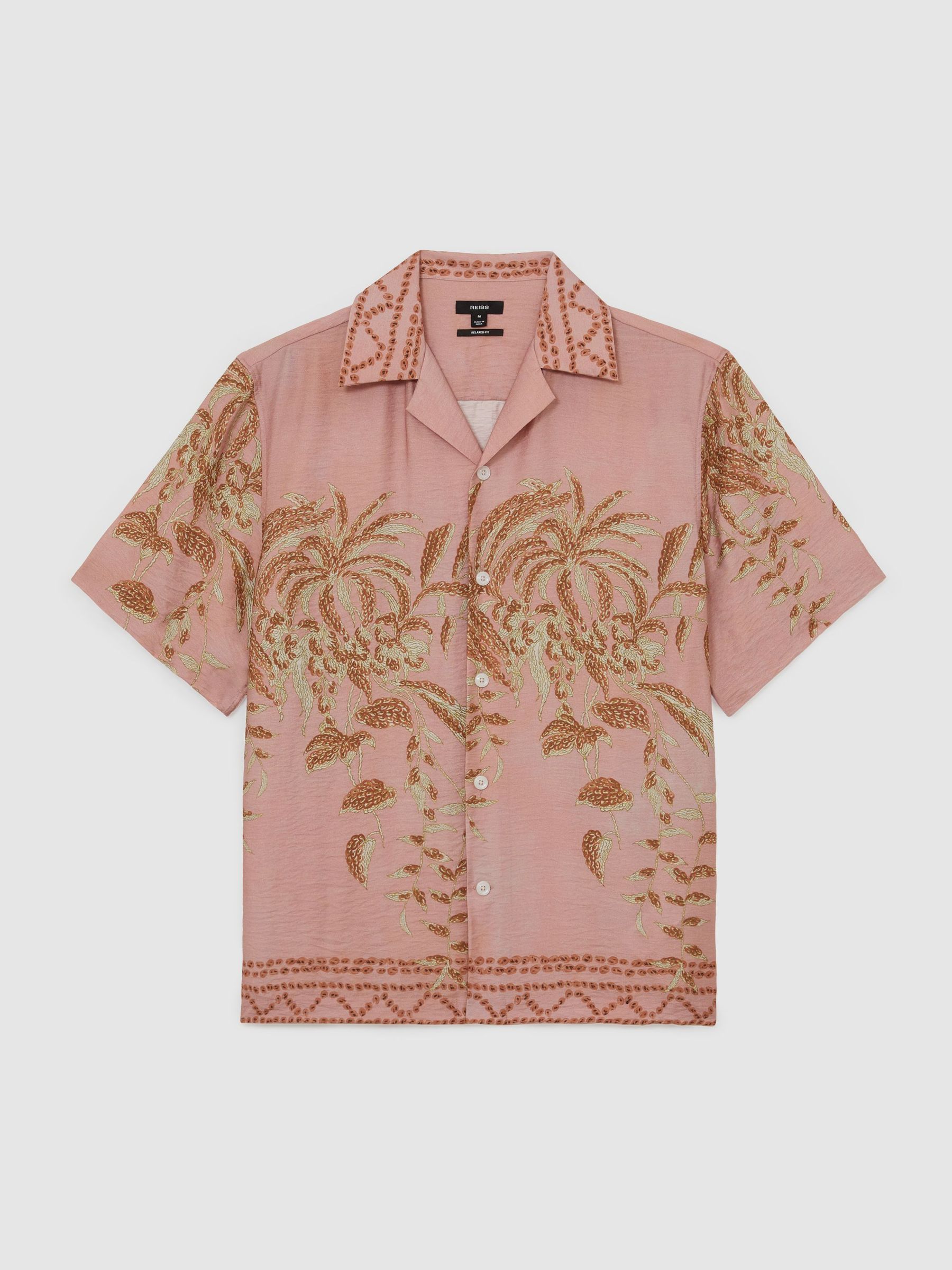 Palm-Print Cuban-Collar Shirt in Pink - image 1