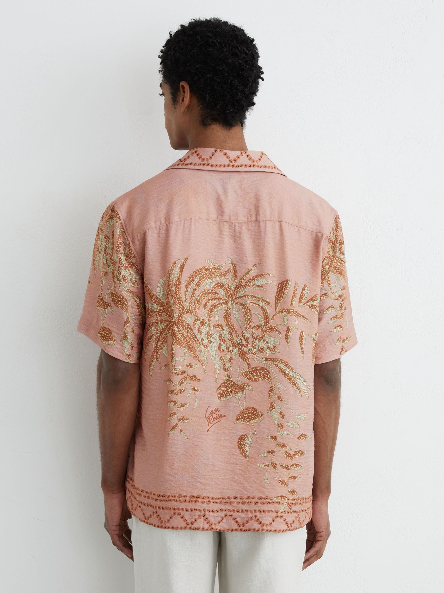Palm-Print Cuban-Collar Shirt in Pink - Image 6 of 7