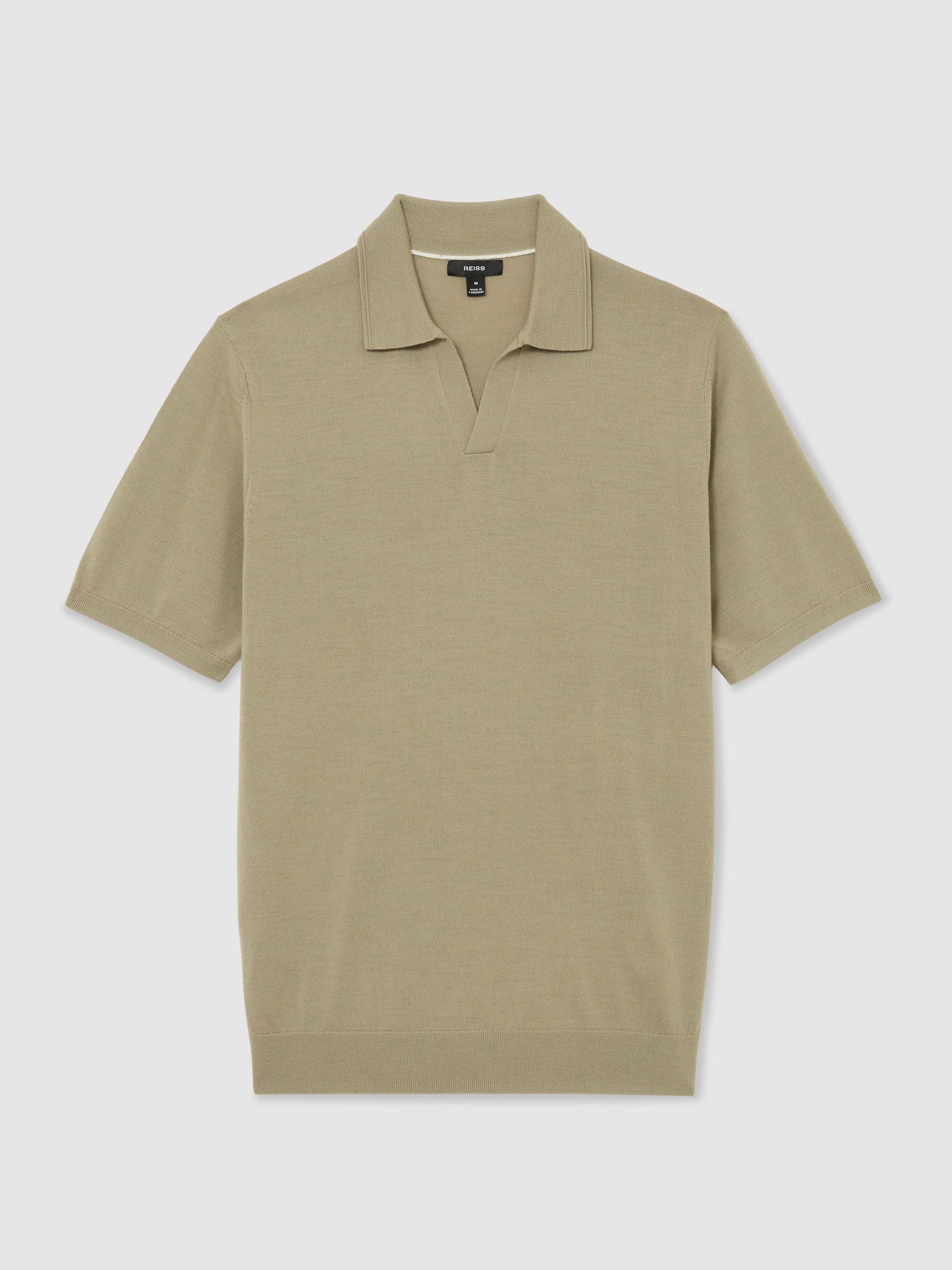Merino Wool Open-Collar Polo Shirt in Soft Olive Green - Image 2 of 5