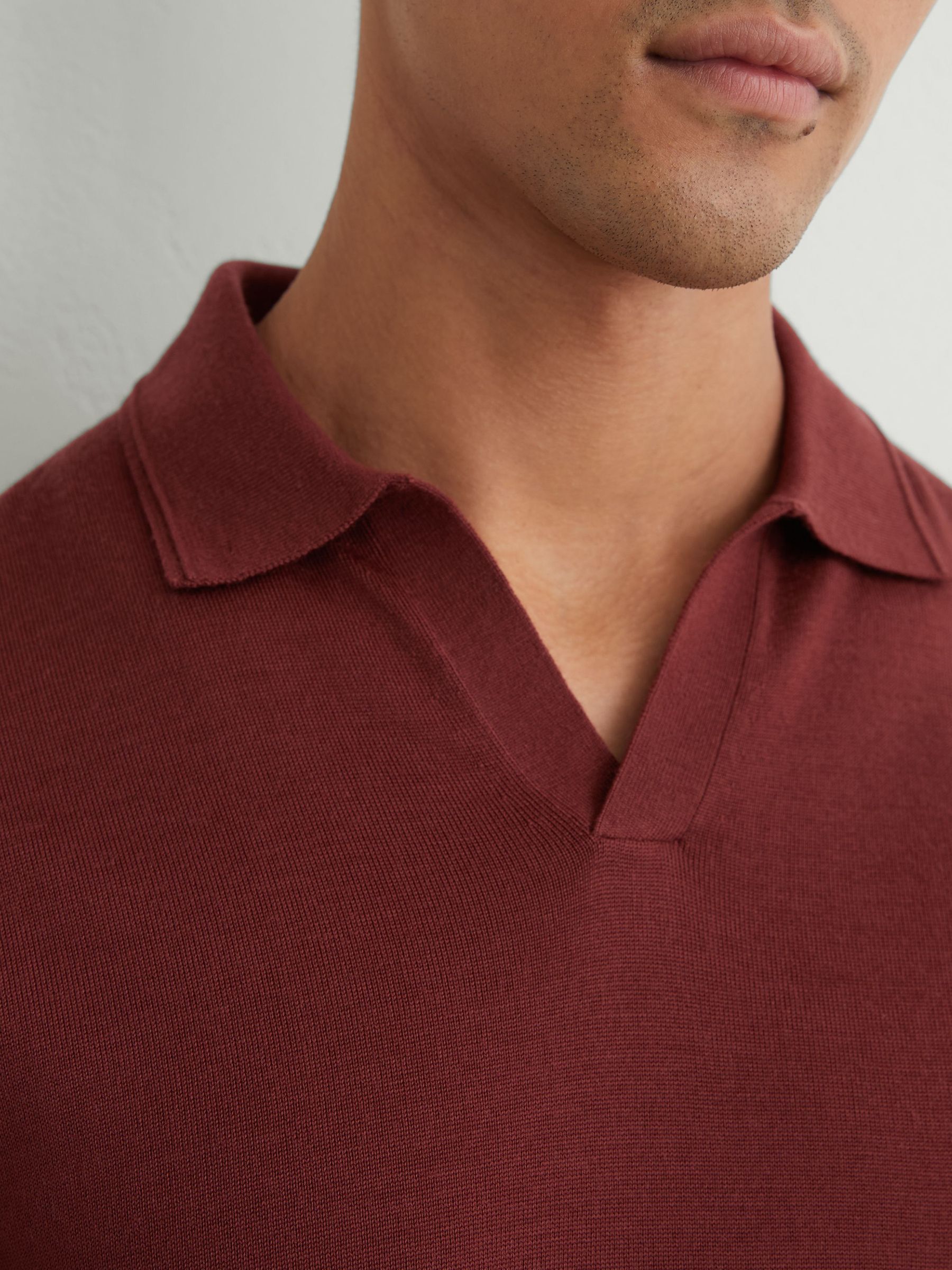Merino Wool Open Collar Polo Shirt in Rooibos Red - Image 1 of 6
