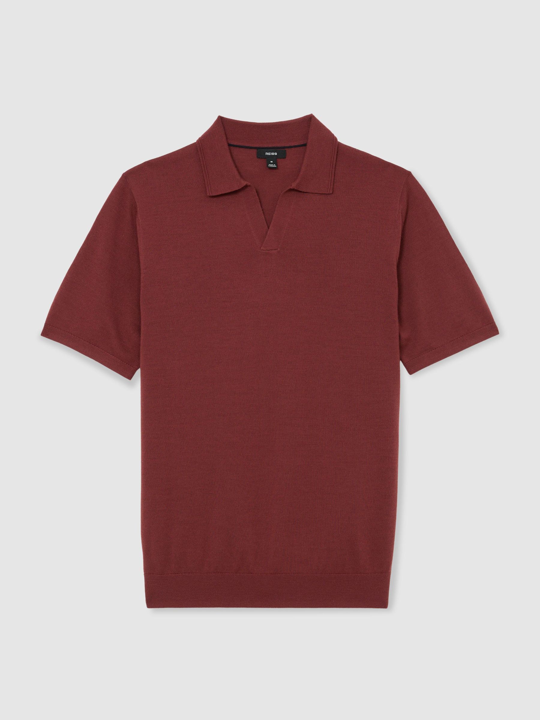 Merino Wool Open Collar Polo Shirt in Rooibos Red - Image 2 of 6