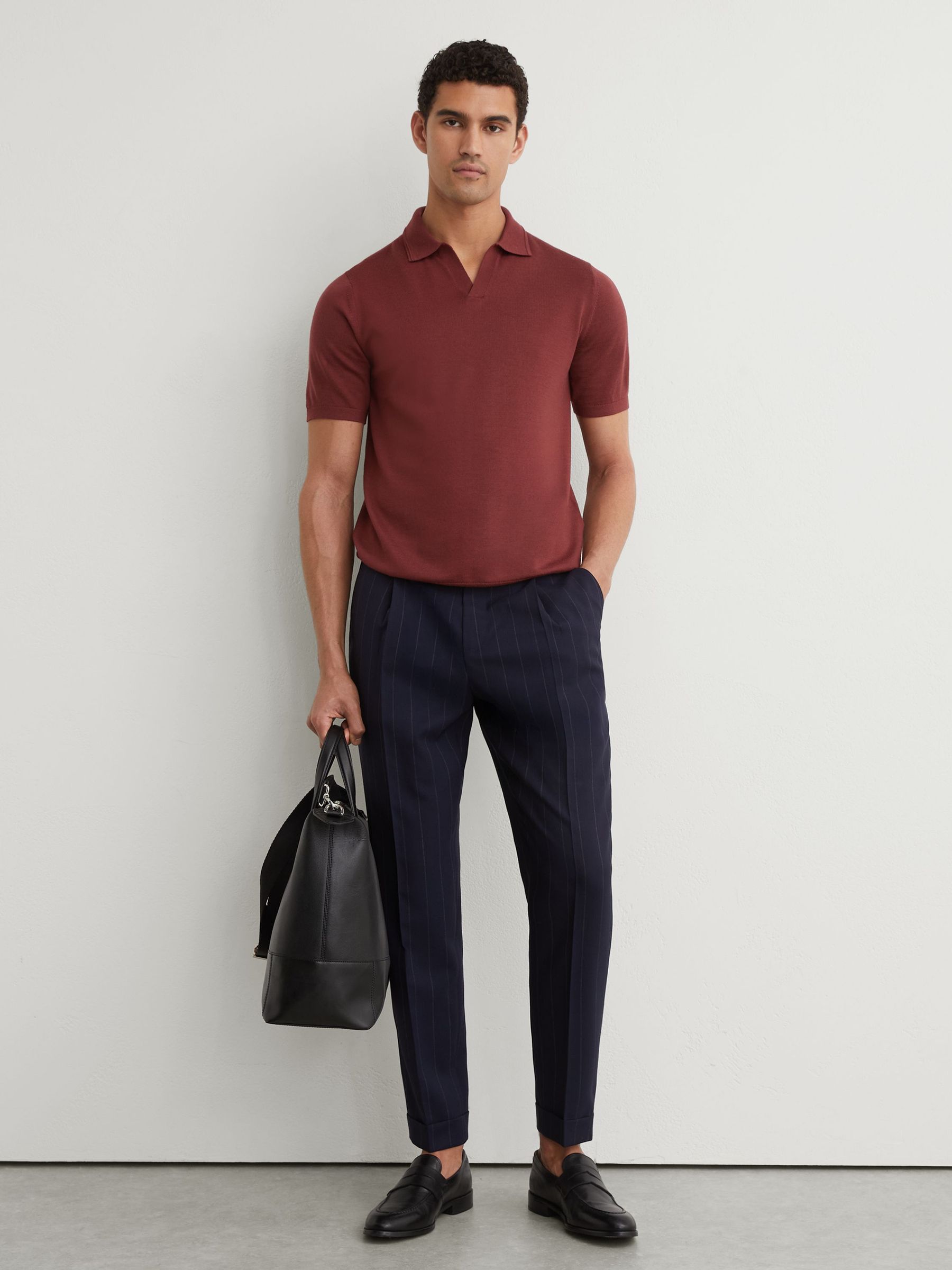 Merino Wool Open Collar Polo Shirt in Rooibos Red - Image 3 of 6
