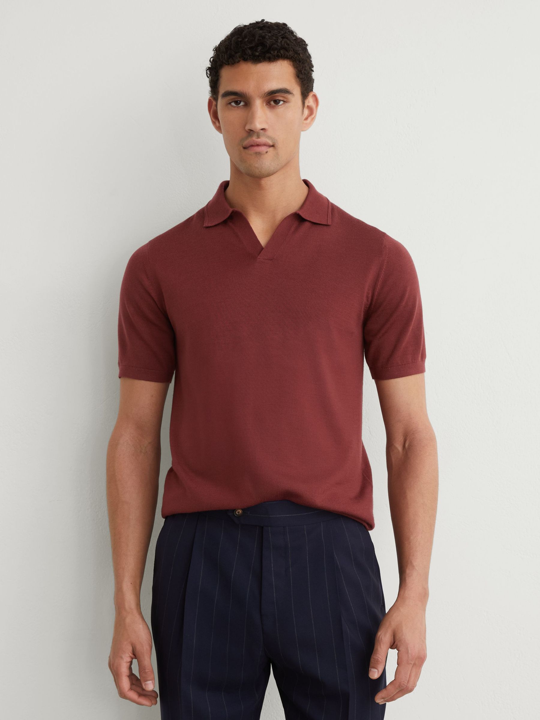 Merino Wool Open Collar Polo Shirt in Rooibos Red - Image 4 of 6