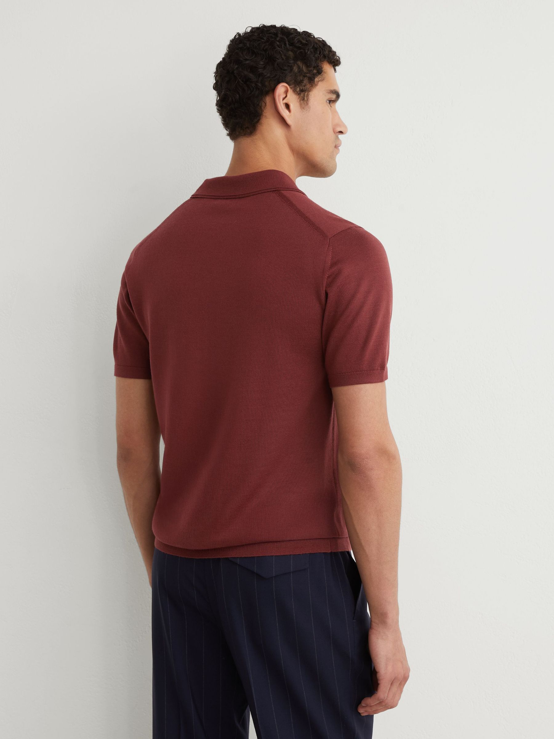 Merino Wool Open Collar Polo Shirt in Rooibos Red - Image 5 of 6