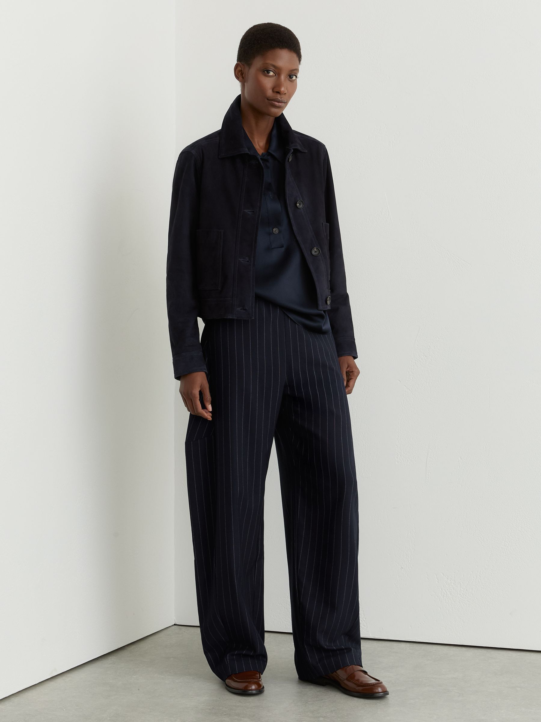 Petite Barrel-Leg Pinstripe Trousers in Navy - Image 1 of 9