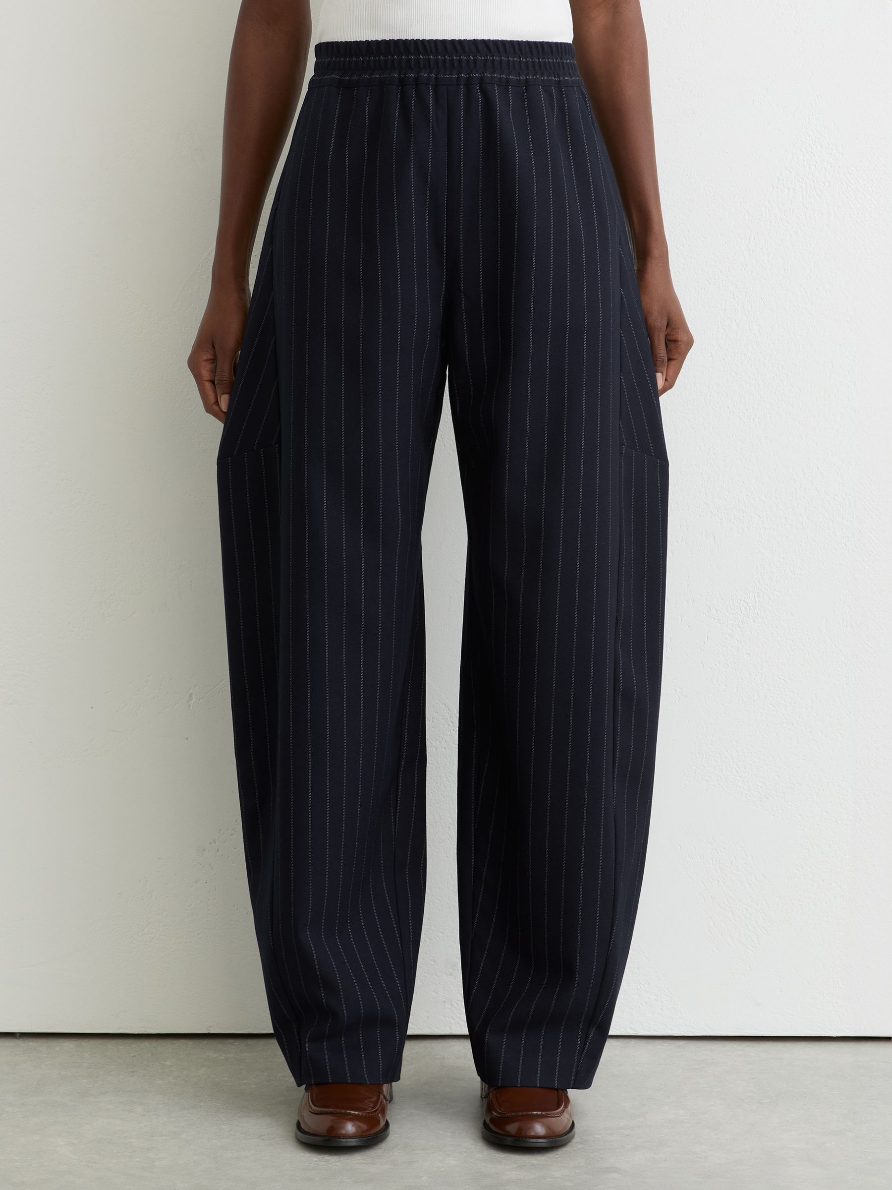 Petite Barrel-Leg Pinstripe Trousers in Navy - Image 3 of 9