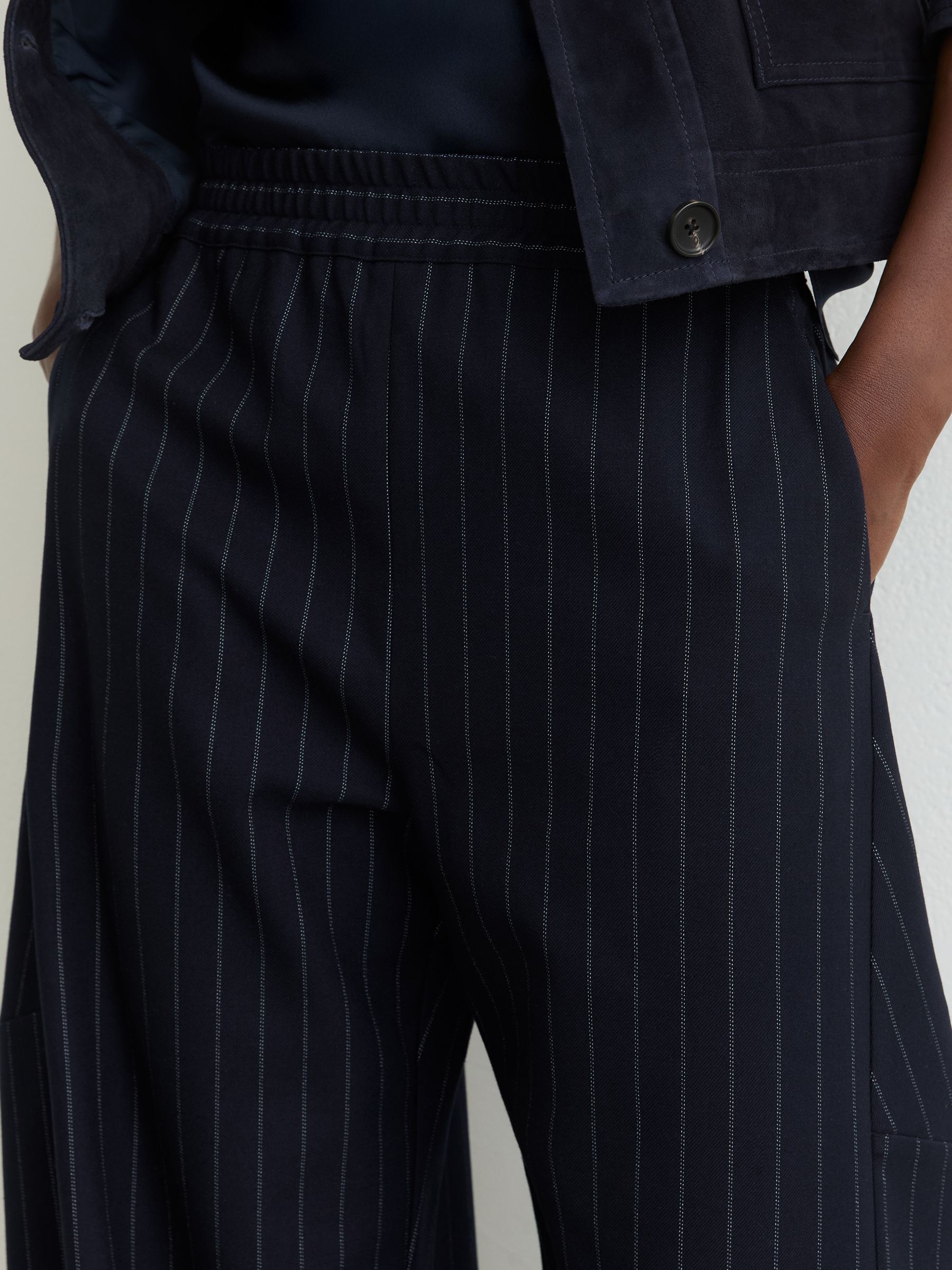 Petite Barrel-Leg Pinstripe Trousers in Navy - Image 4 of 9