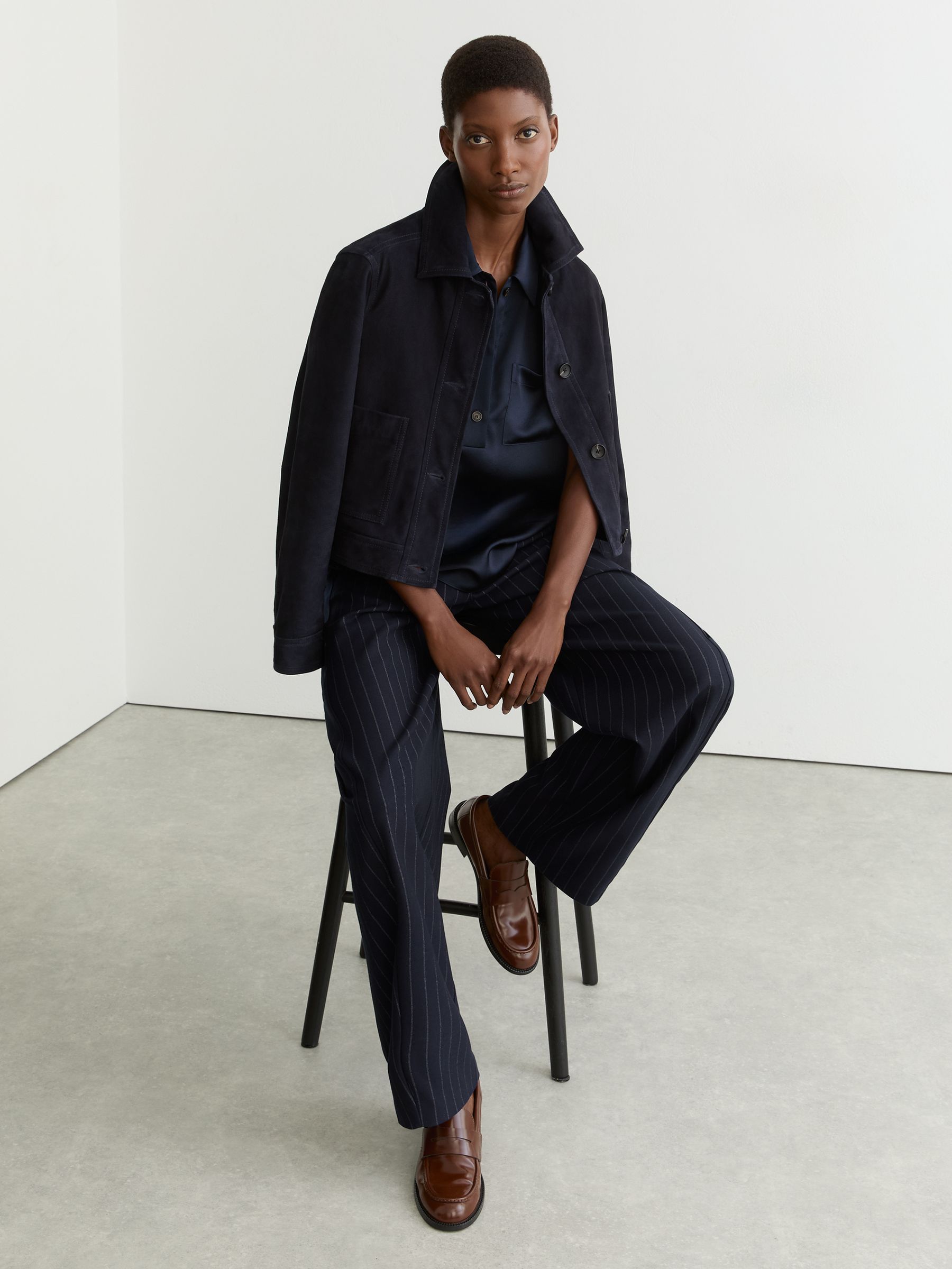 Petite Barrel-Leg Pinstripe Trousers in Navy - Image 7 of 9