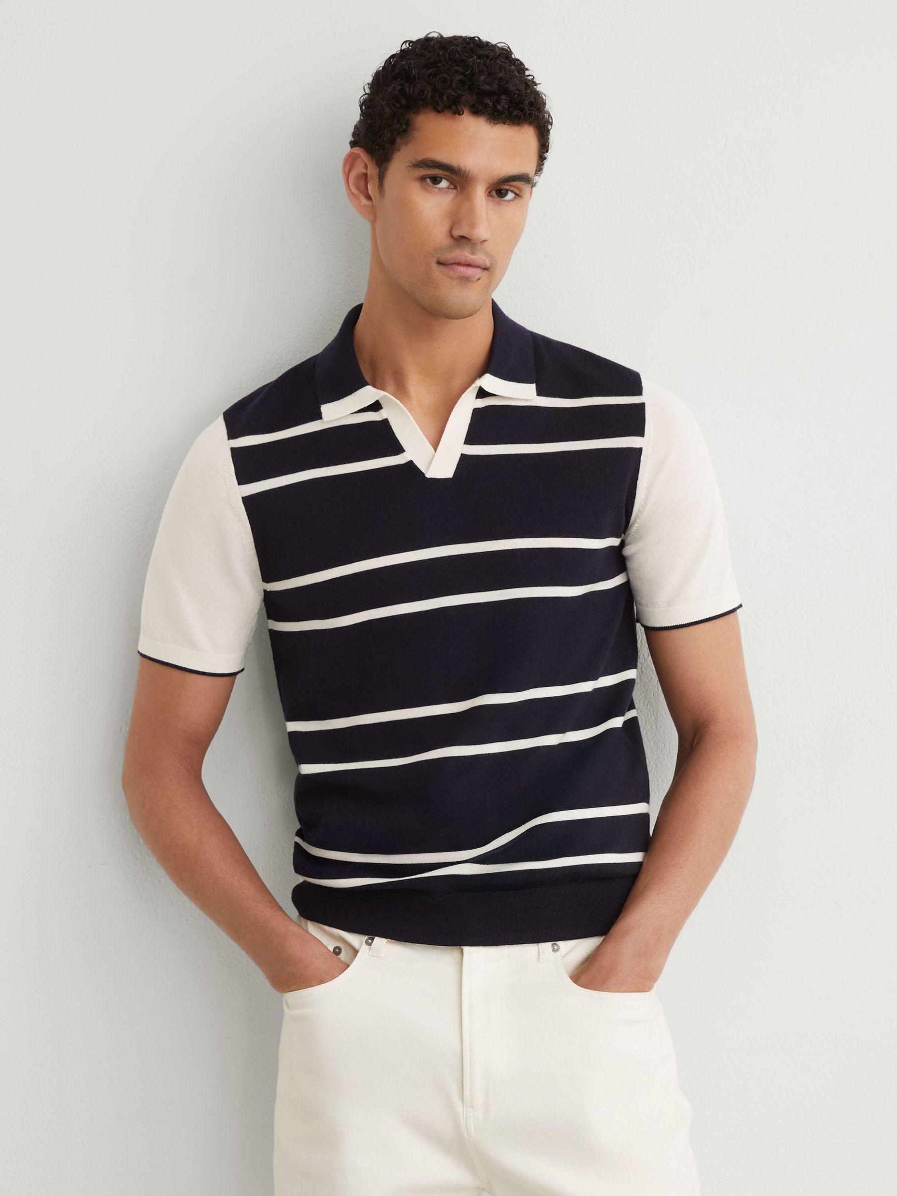 Merino Wool Striped-Knit Polo Jumper in Navy/White - Image 1 of 6