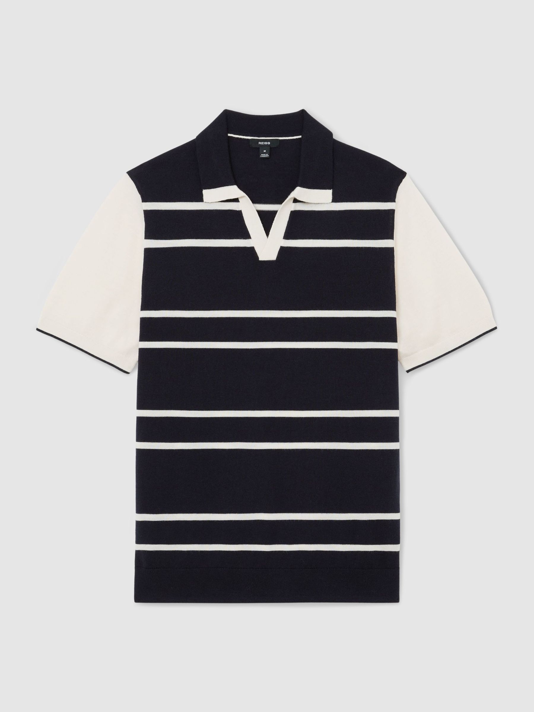 Merino Wool Striped-Knit Polo Jumper in Navy/White - Image 2 of 6