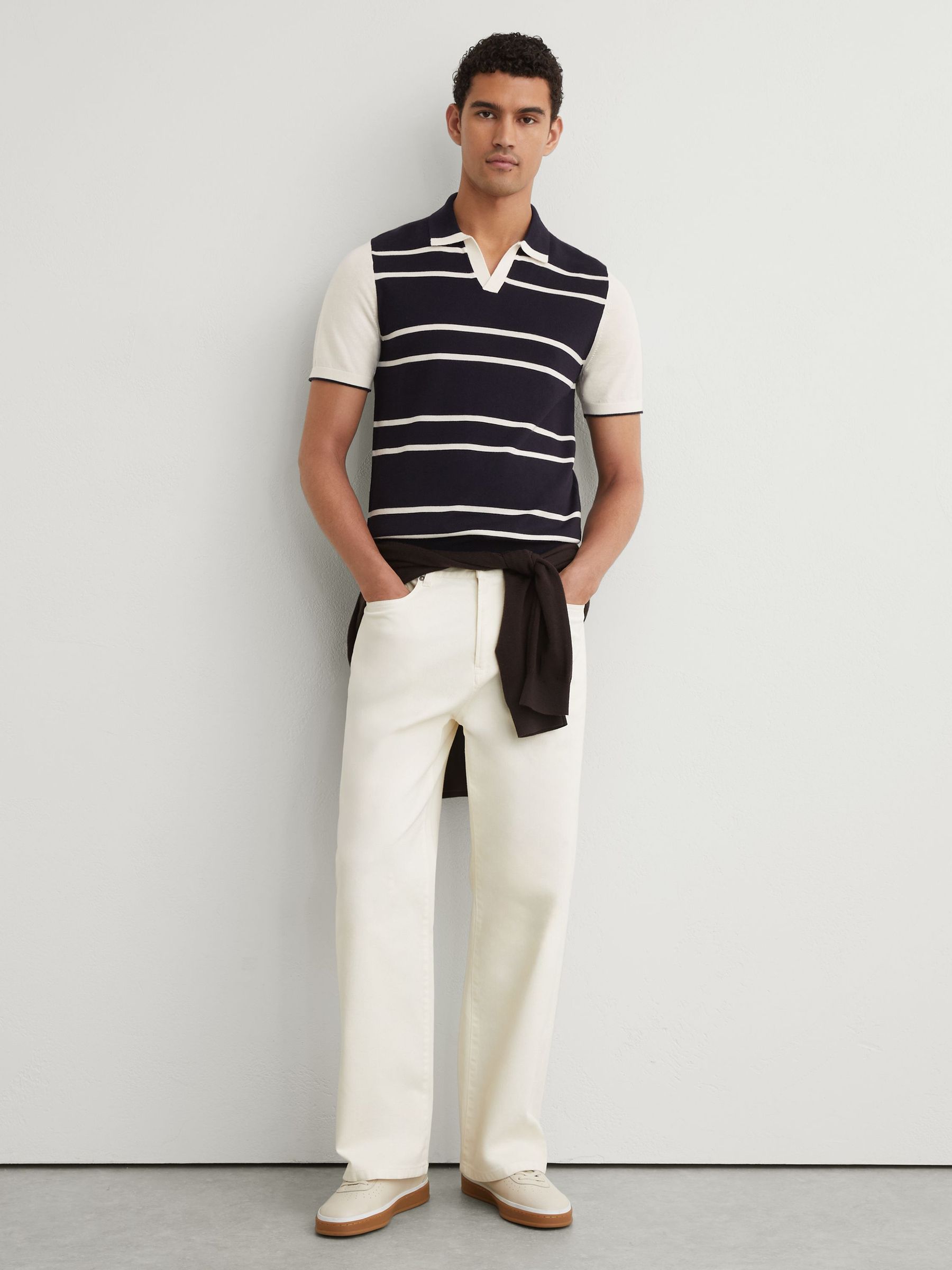 Merino Wool Striped-Knit Polo Jumper in Navy/White - Image 3 of 6