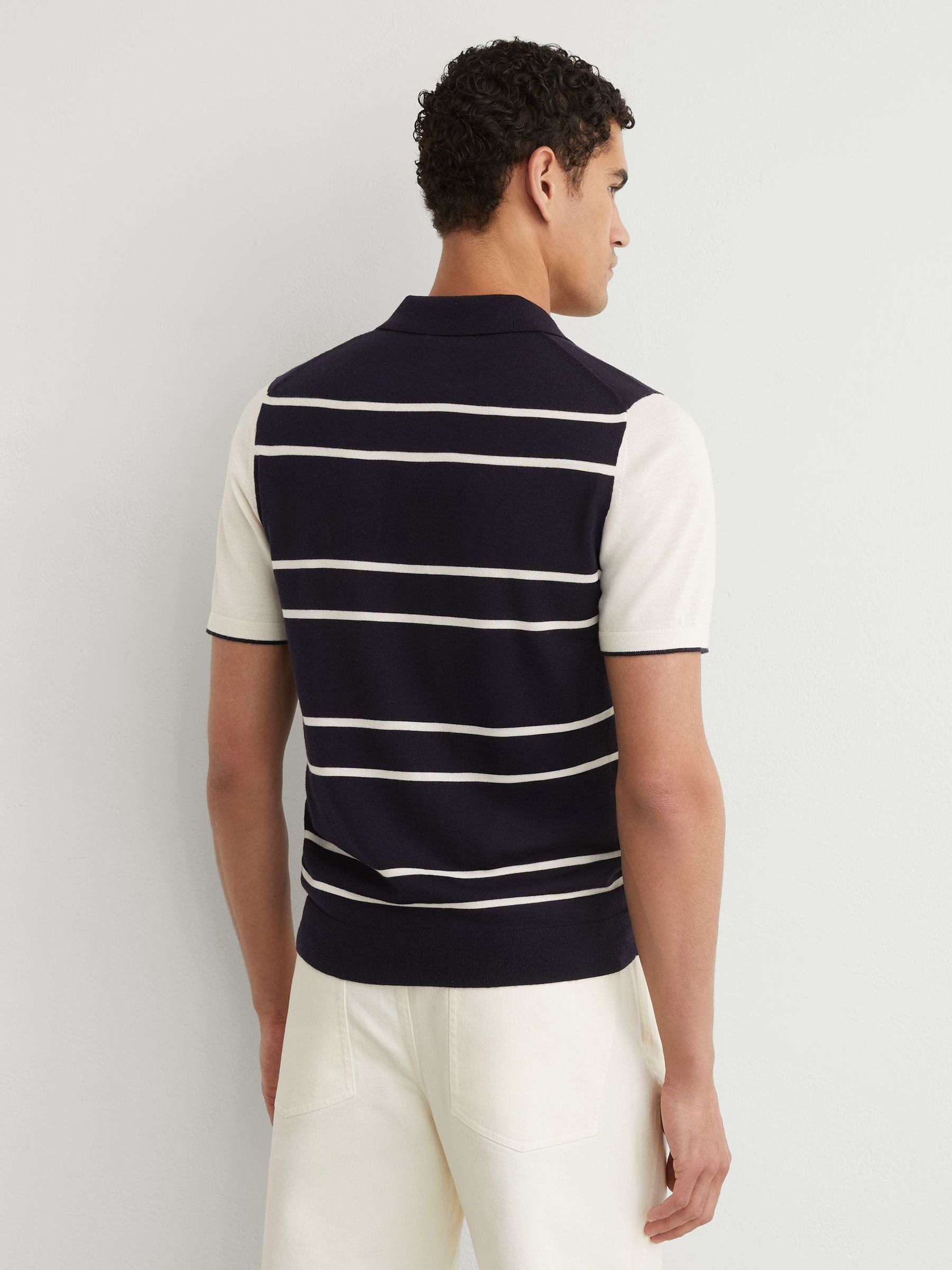 Merino Wool Striped-Knit Polo Jumper in Navy/White - Image 5 of 6