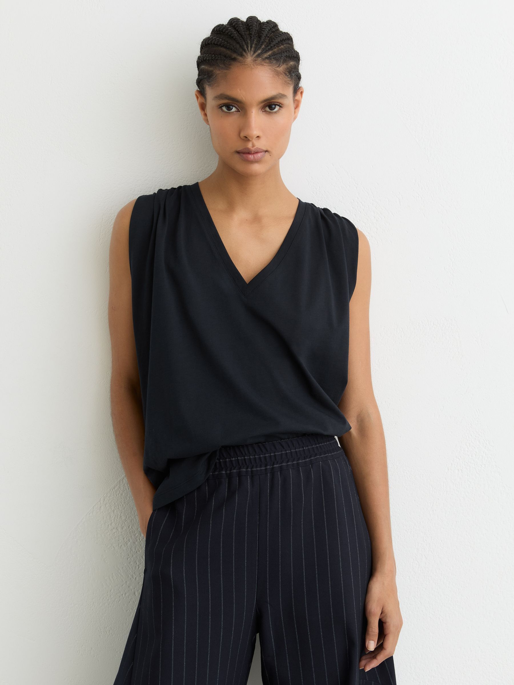 Cotton Gathered-Detail V-Neck Vest in Navy - Image 1 of 6