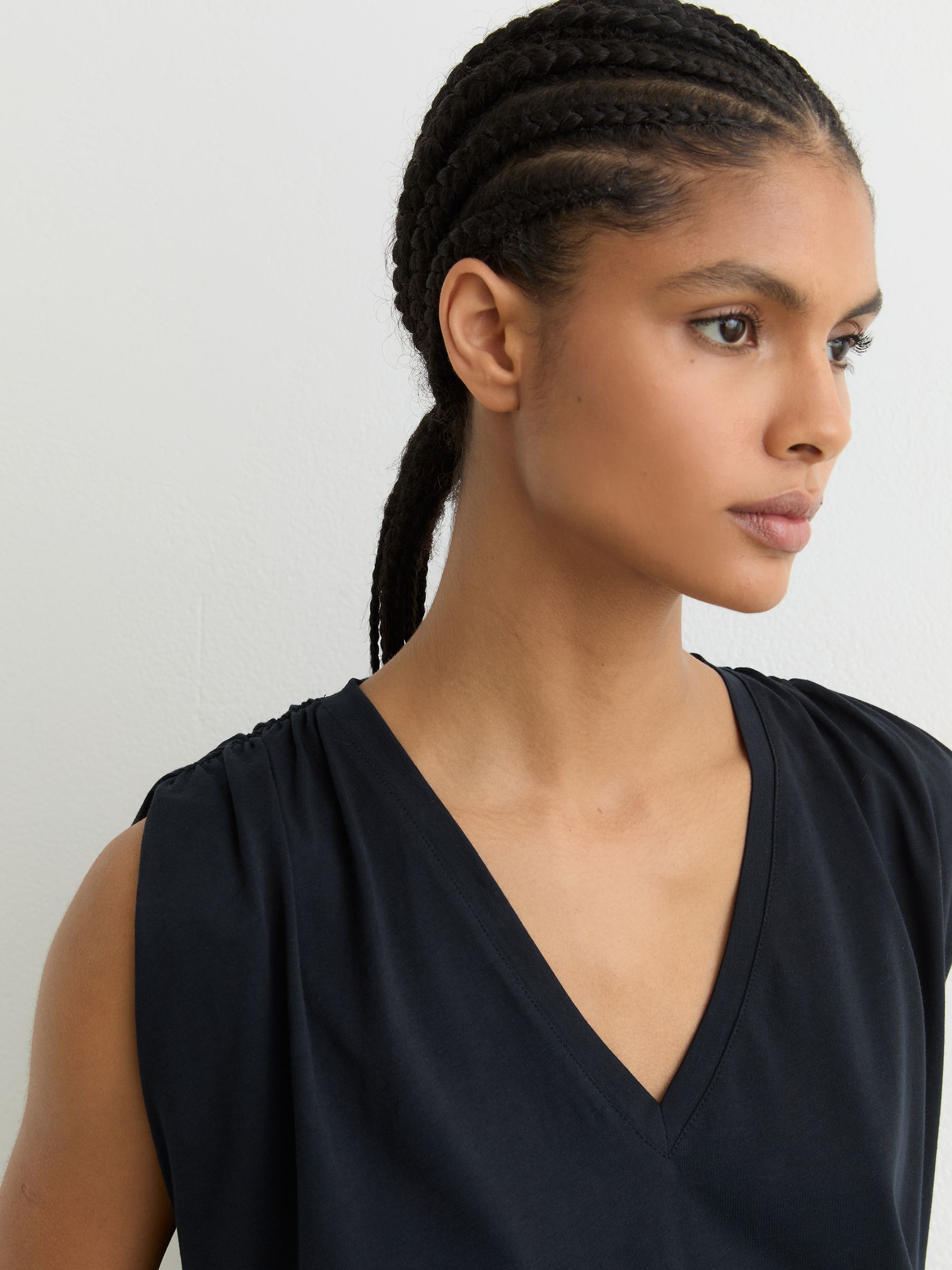 Cotton Gathered-Detail V-Neck Vest in Navy - Image 4 of 6