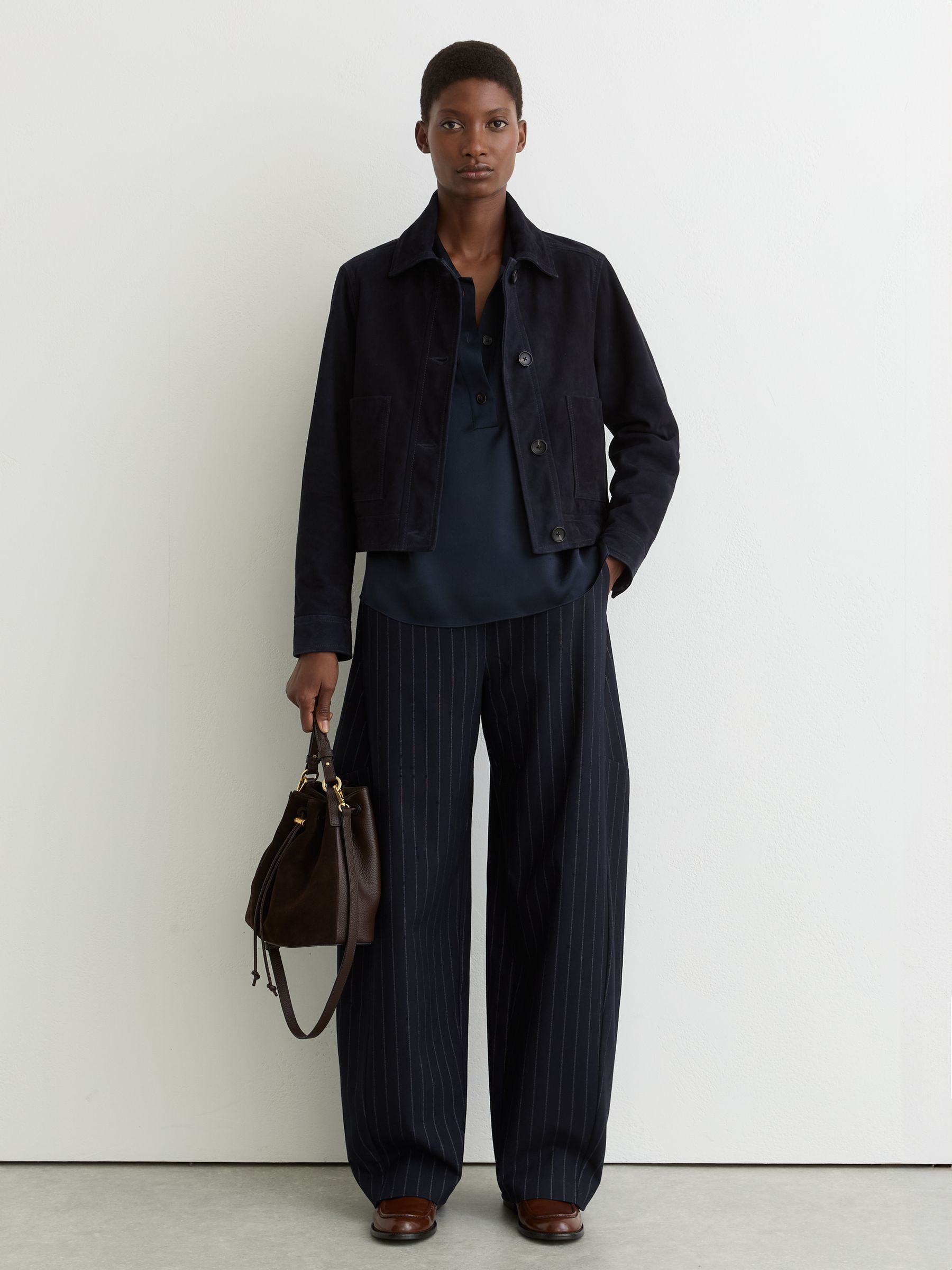 Barrel-Leg Pinstripe Trousers in Navy - Image 1 of 8