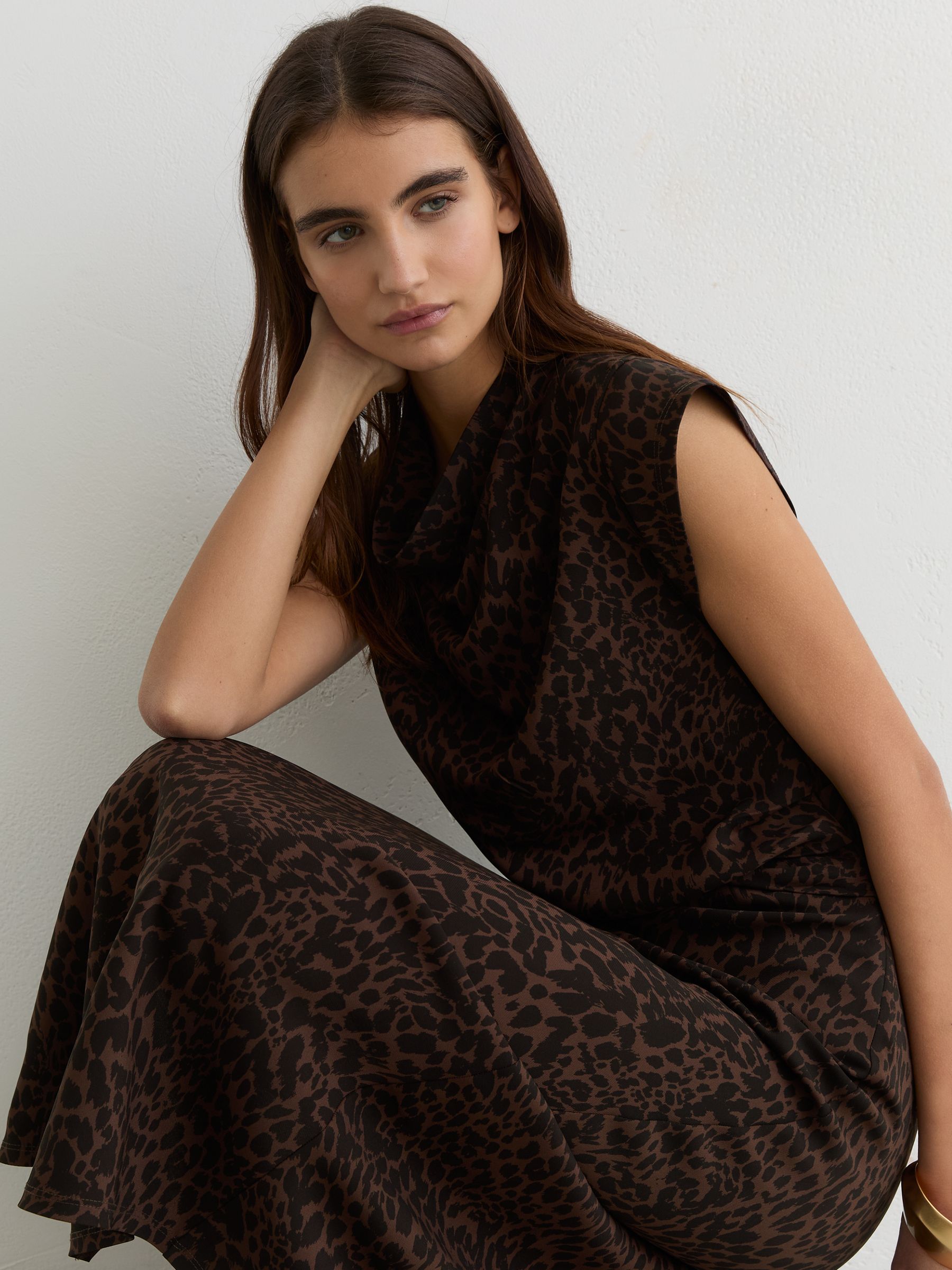 Animal-Print Draped Midi Dress in Black/Brown - image 5