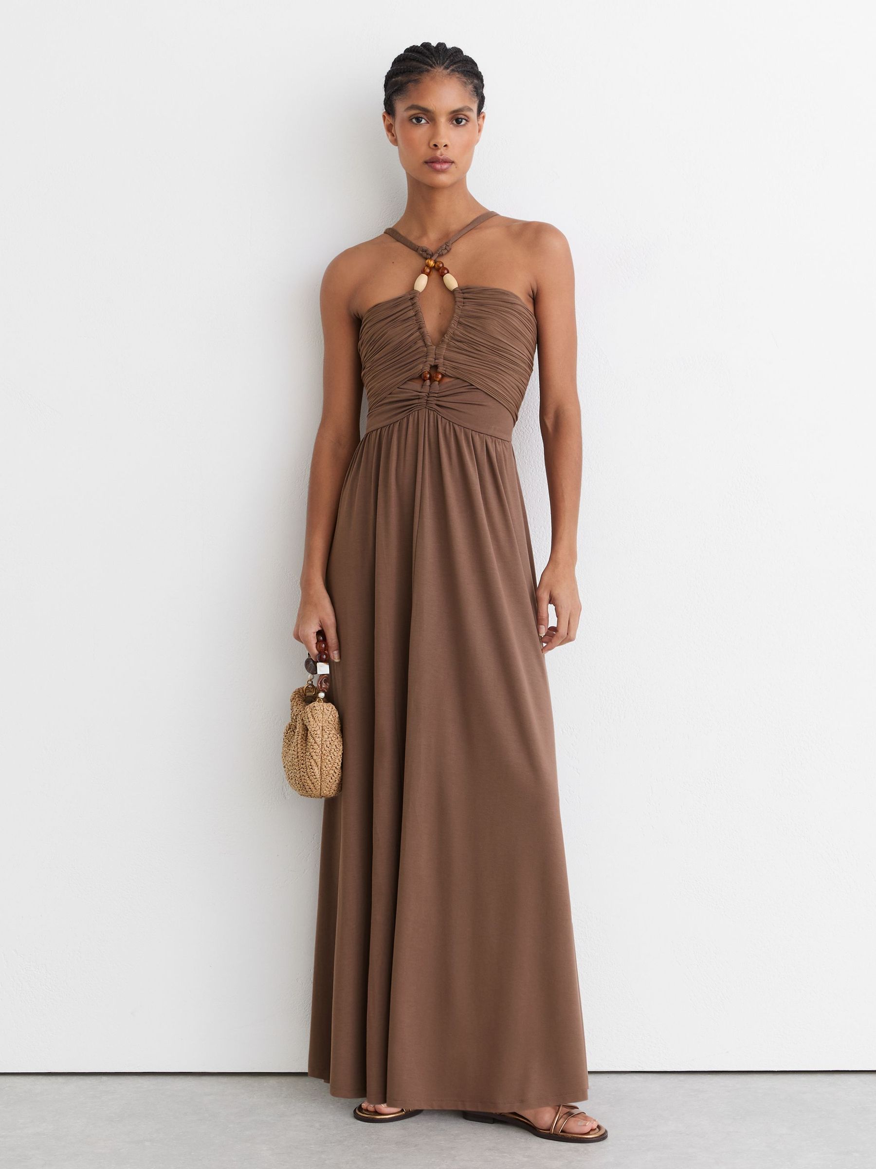 Jersey Bead-Detail Ruched Maxi Dress in Taupe Brown - image 5