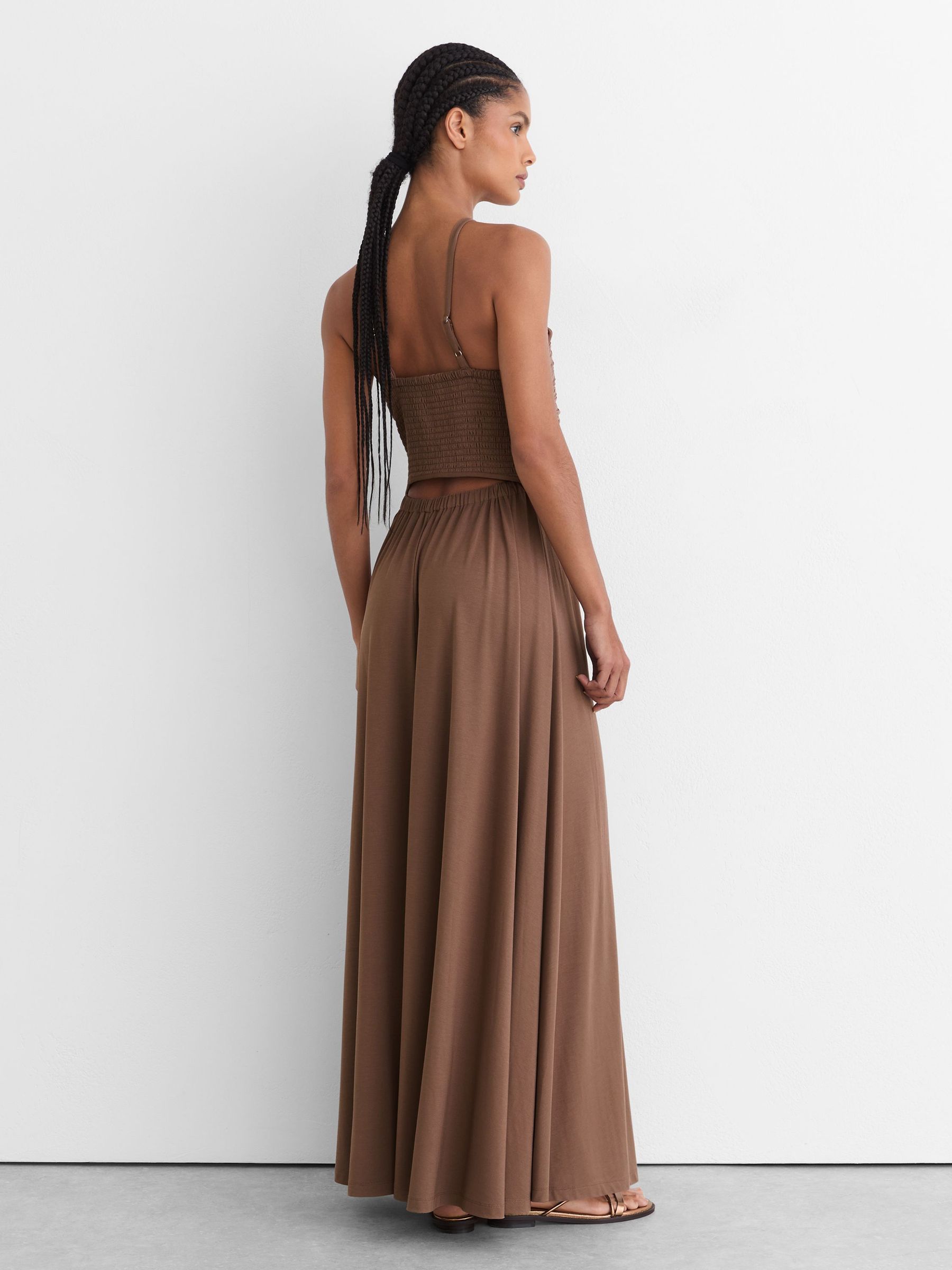 Jersey Bead-Detail Ruched Maxi Dress in Taupe Brown - Image 8 of 9