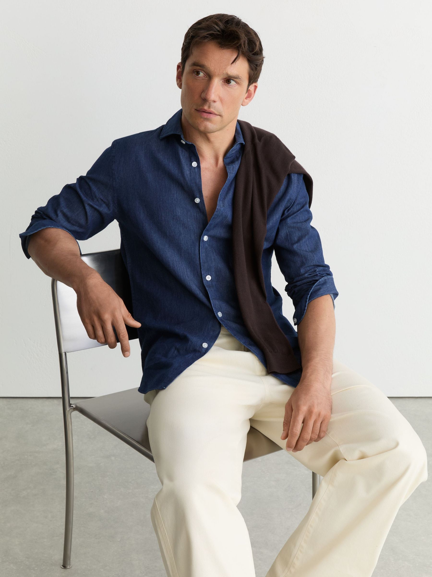 Chambray Long-Sleeve Slim-Fit Shirt in Dark Blue Wash - Image 3 of 7