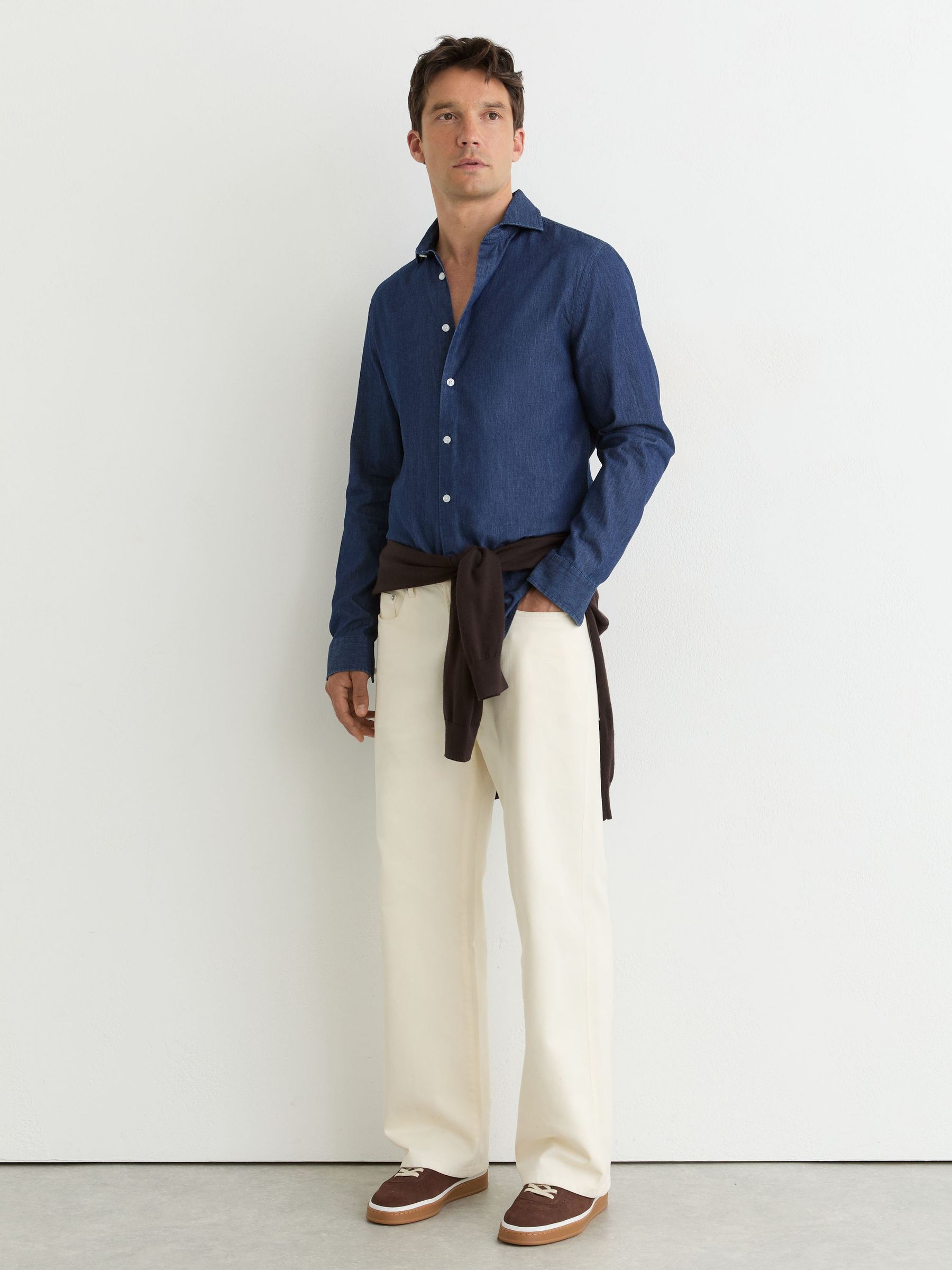 Chambray Long-Sleeve Slim-Fit Shirt in Dark Blue Wash - Image 4 of 7