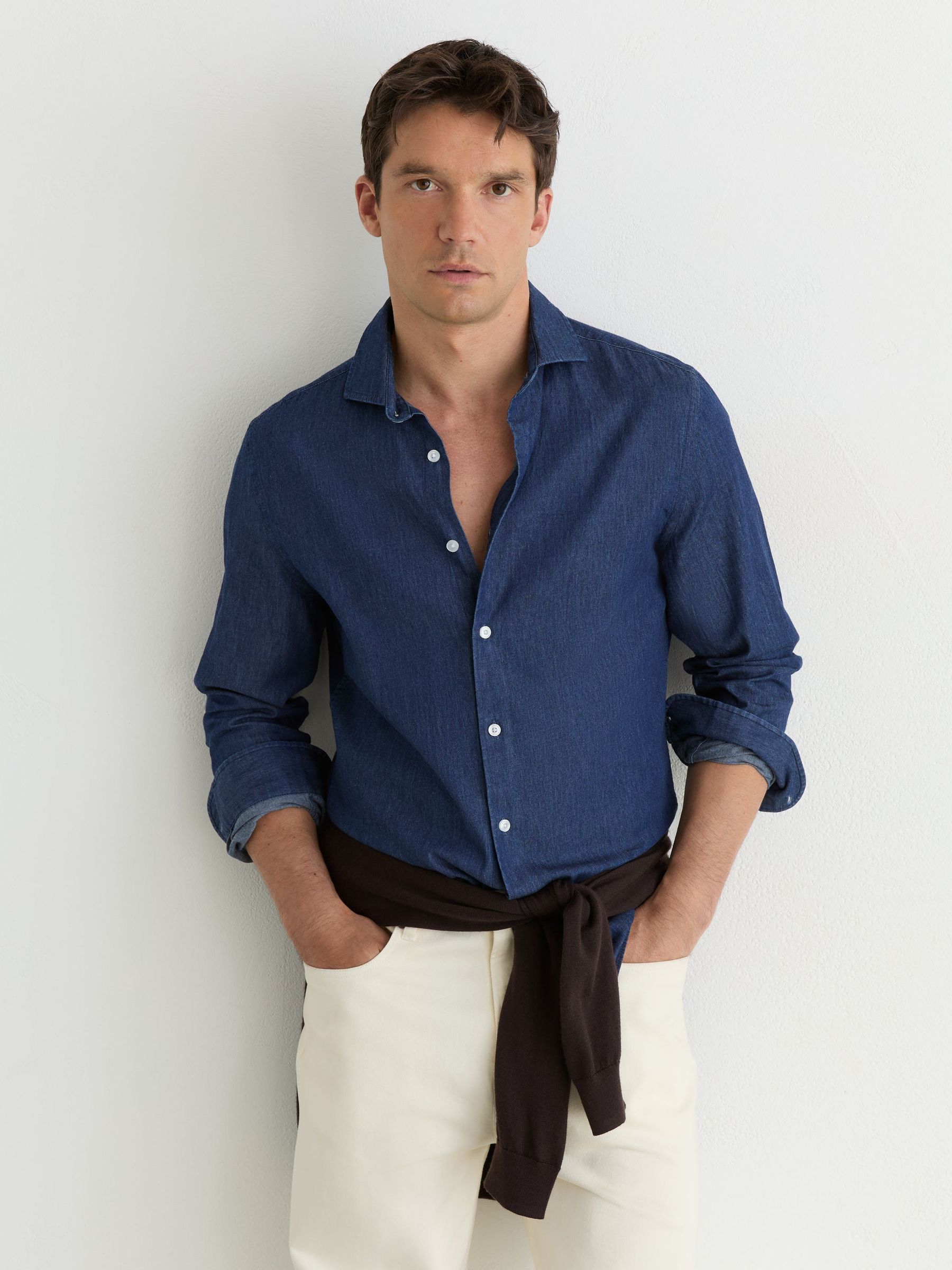 Chambray Long-Sleeve Slim-Fit Shirt in Dark Blue Wash - Image 5 of 7