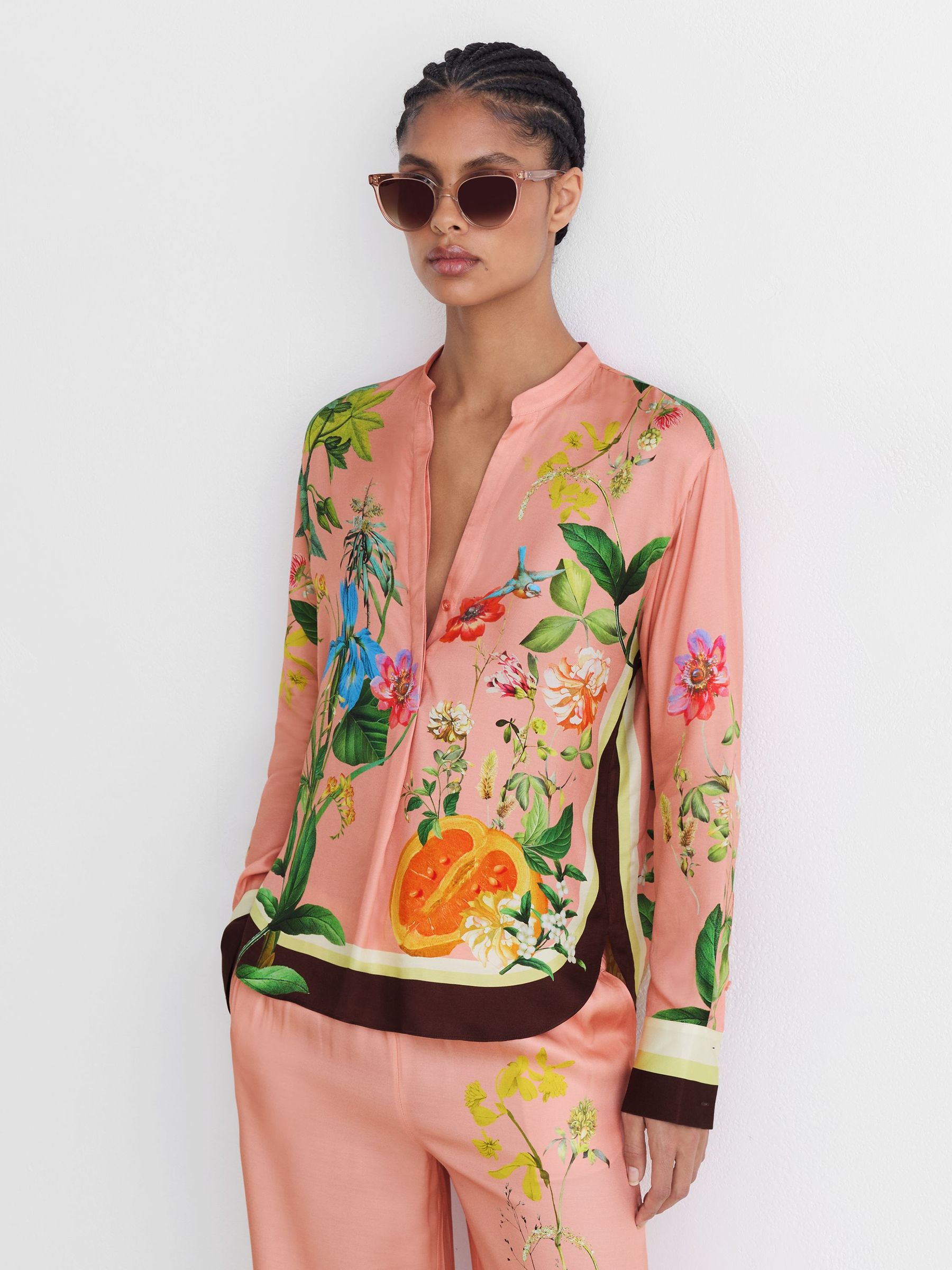Tropical Scarf-Print Half-Button Shirt in Pink - image 4