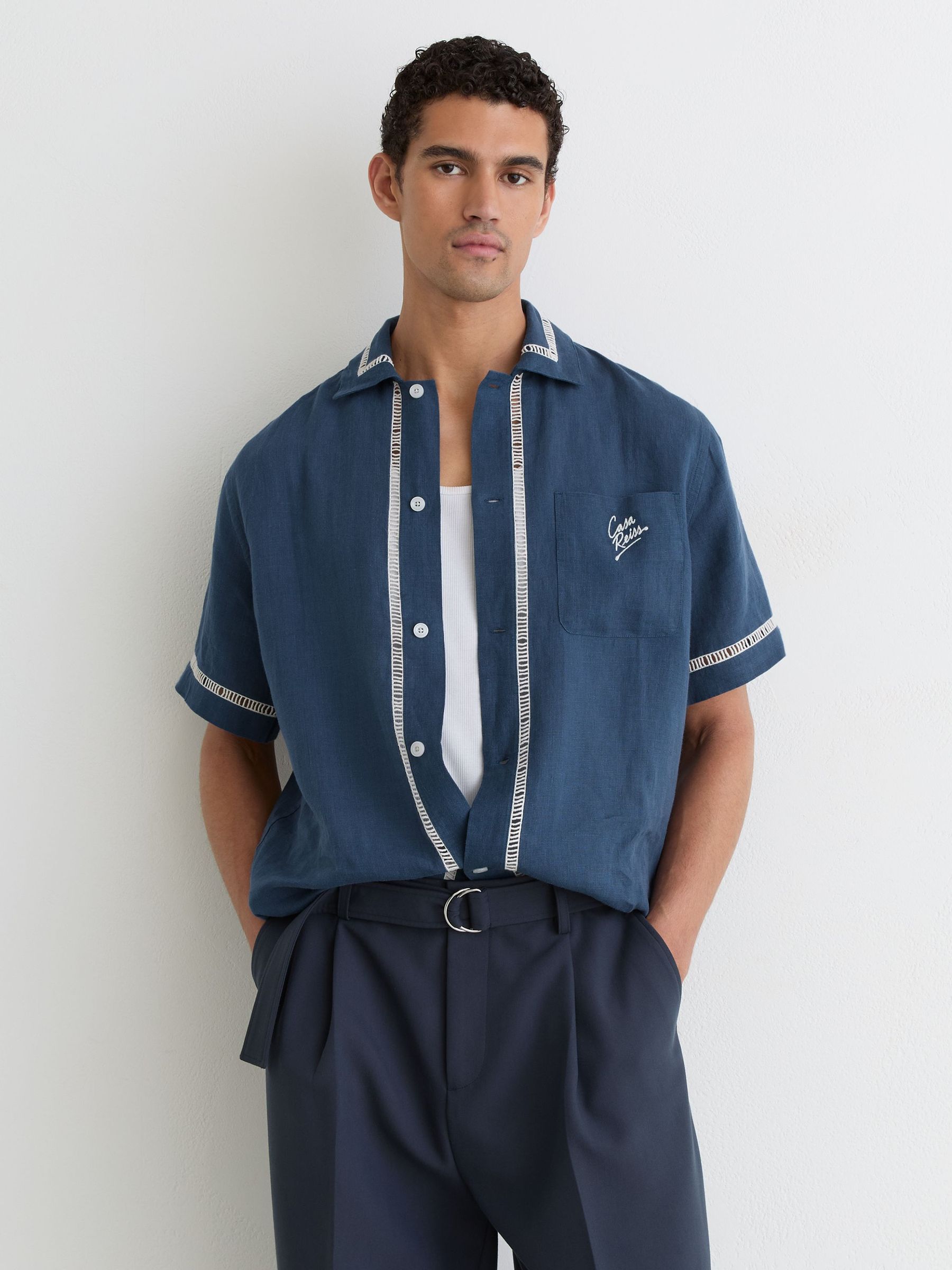Linen Embroidered Cuban-Collar Shirt in Blue - image 2