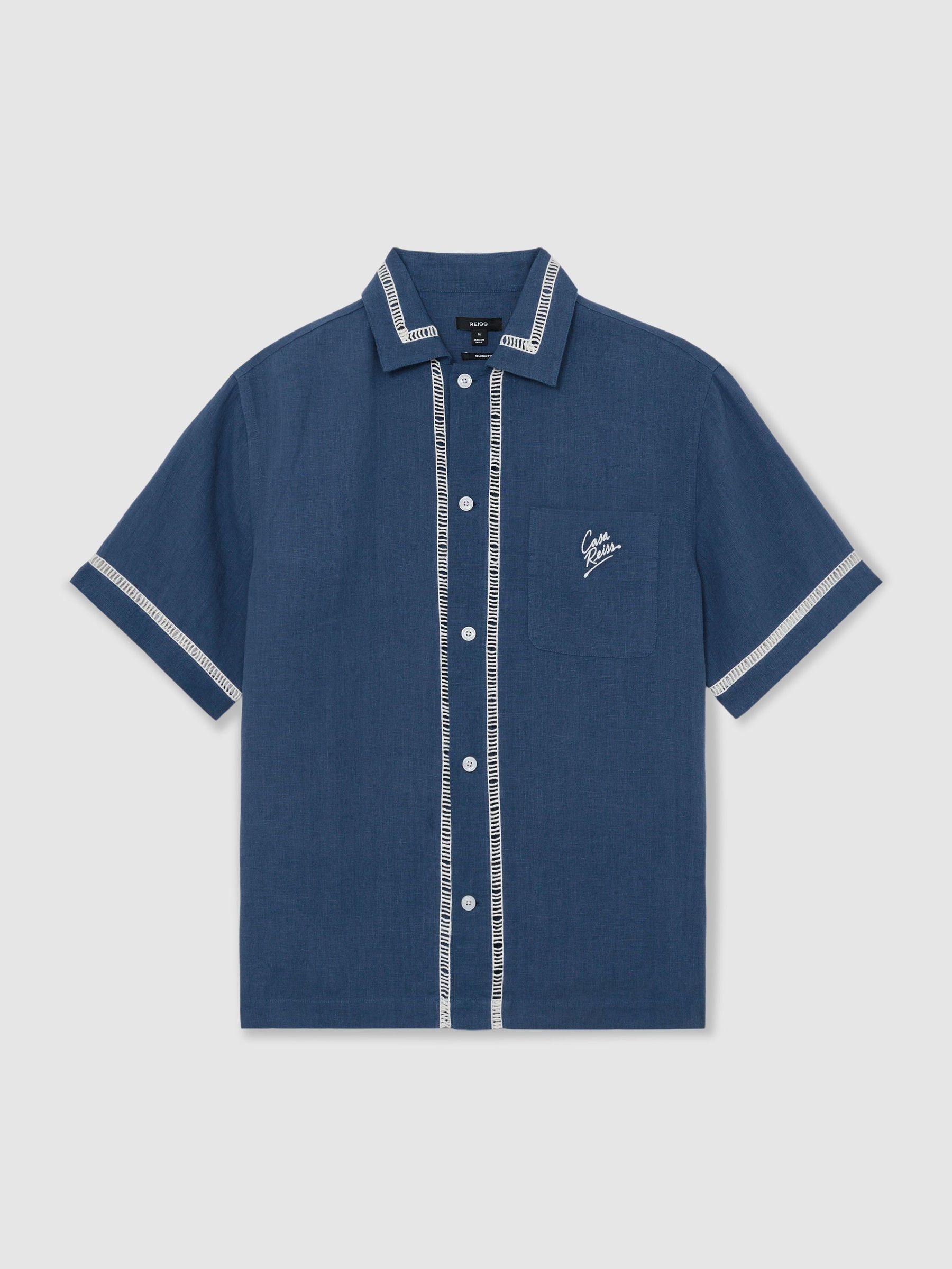 Linen Embroidered Cuban-Collar Shirt in Blue - image 1