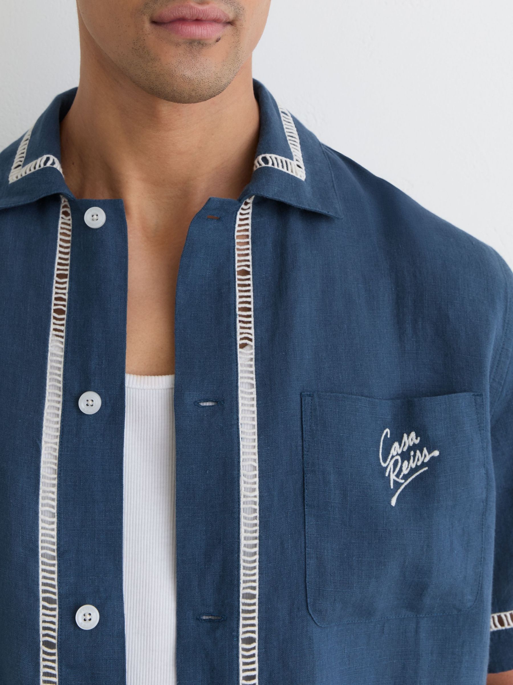Linen Embroidered Cuban-Collar Shirt in Blue - Image 3 of 6