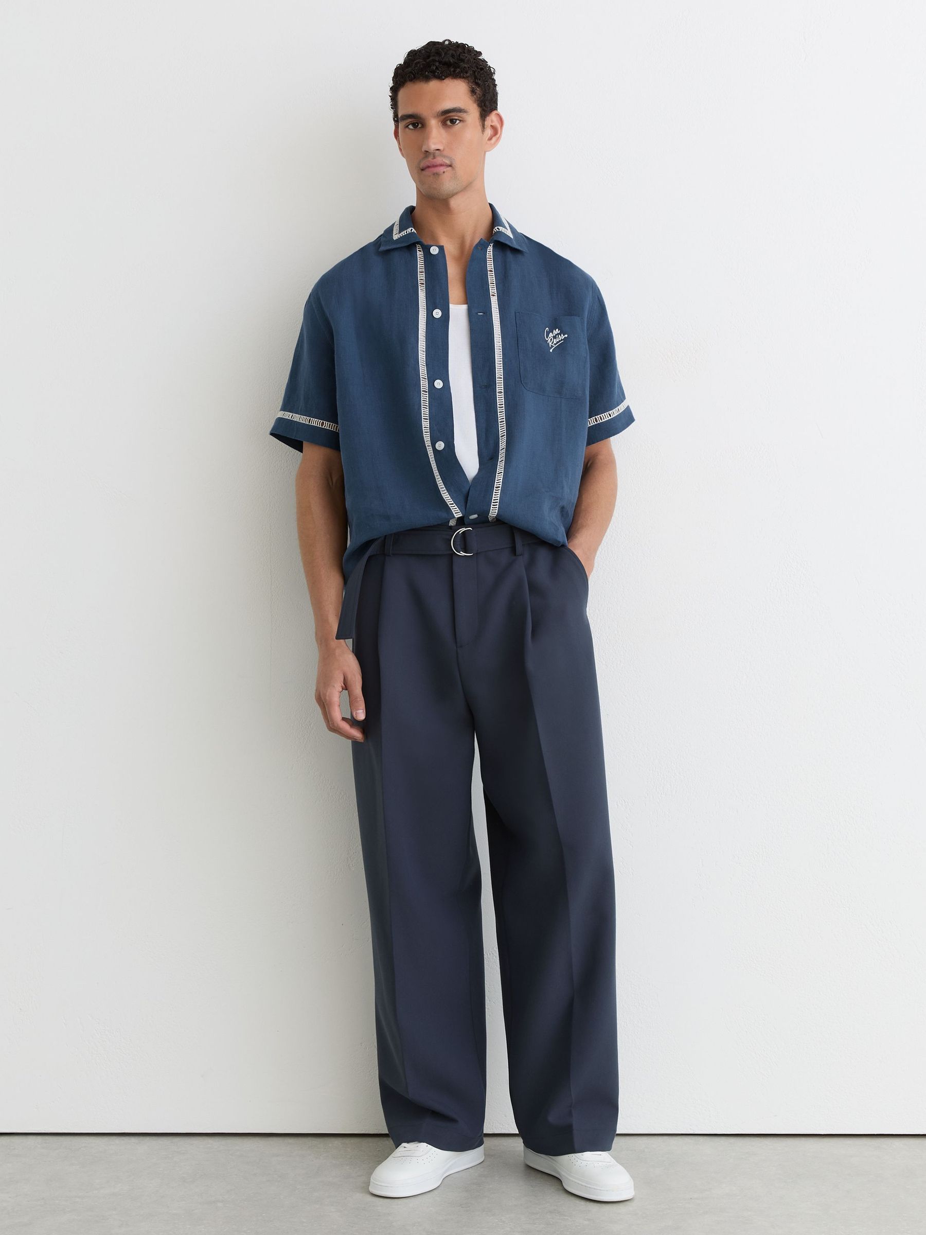 Linen Embroidered Cuban-Collar Shirt in Blue - image 5