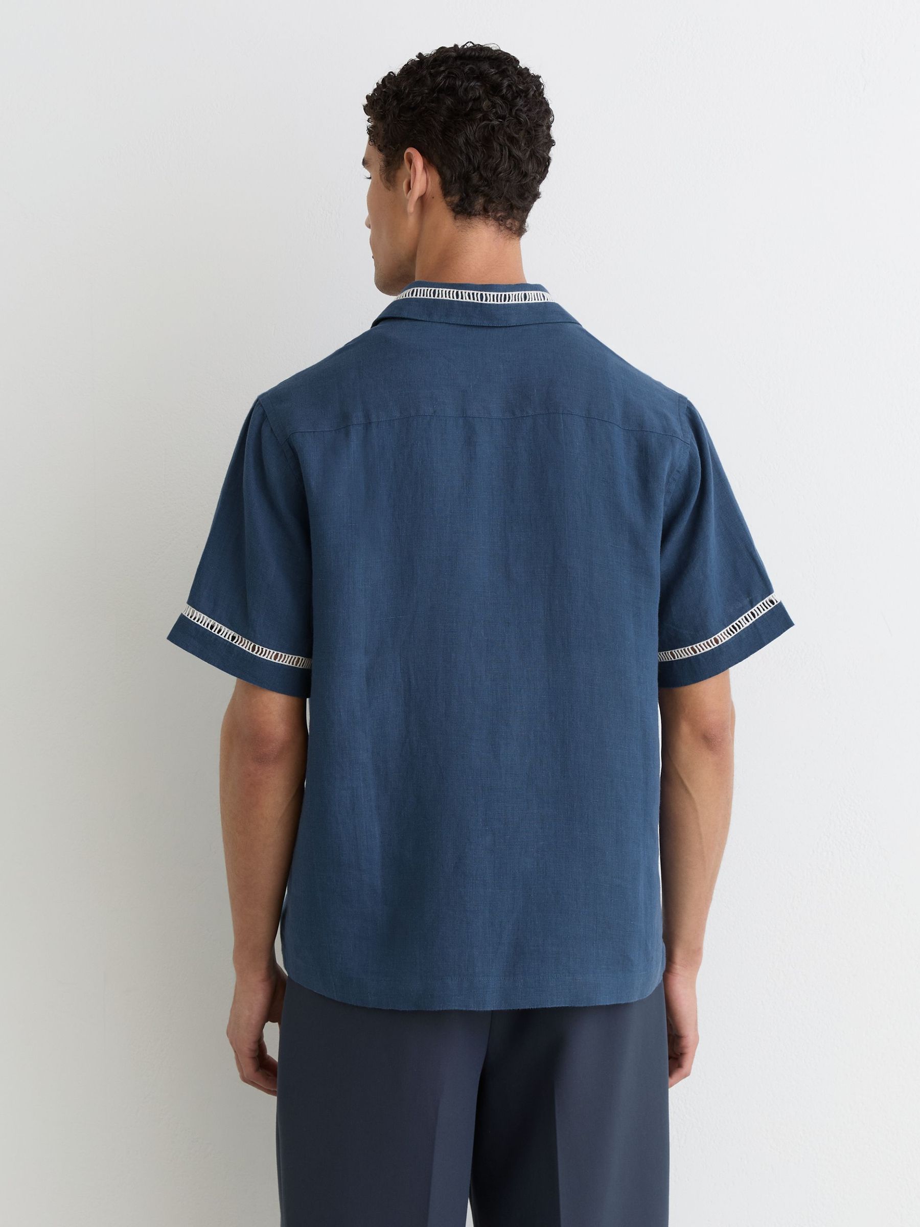 Linen Embroidered Cuban-Collar Shirt in Blue - image 4